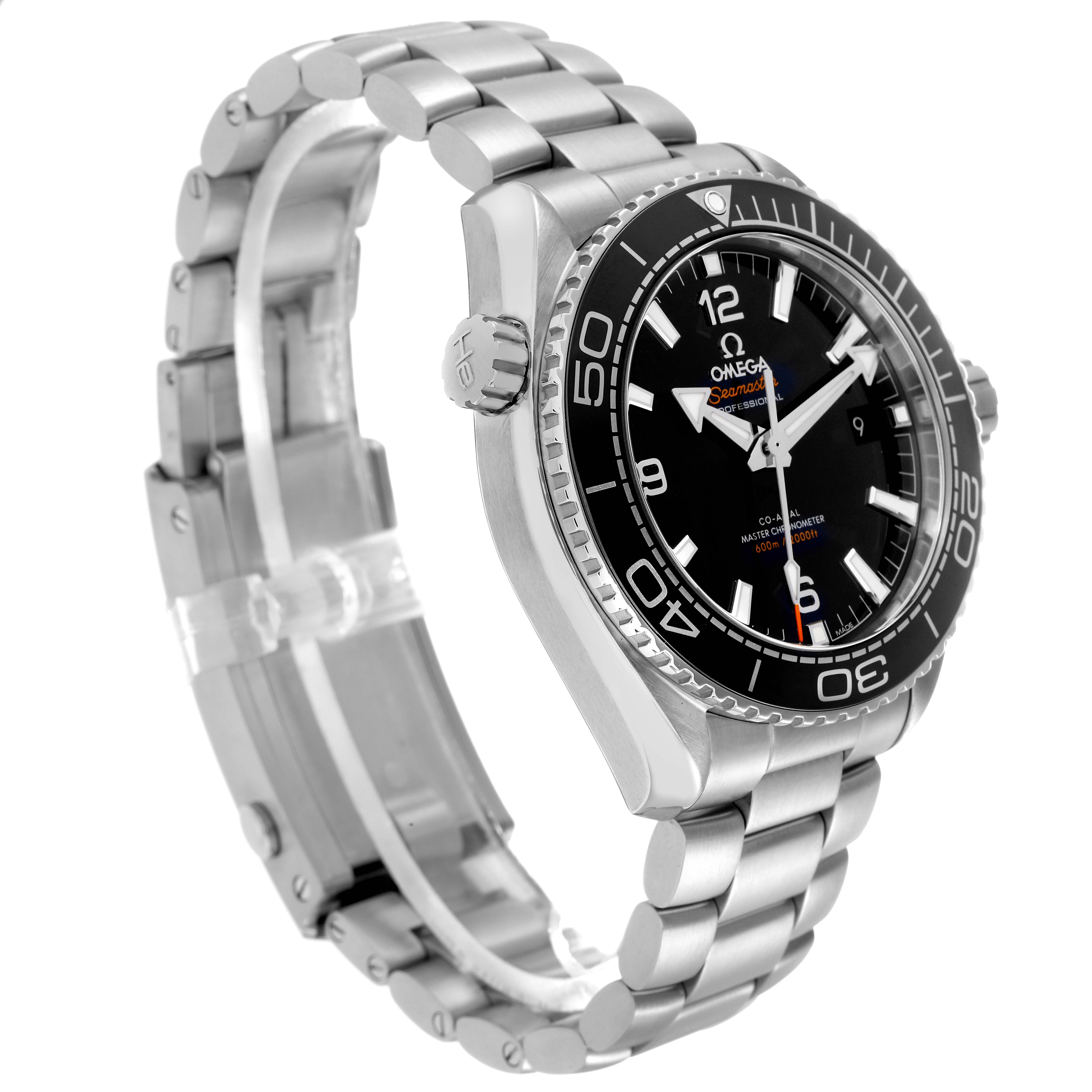 The Omega Planet Ocean 215.30.44.21.01.001 Men
s Stainless Steel Black Dial watch is shown at a three-quarter angle highlighting the bracelet, bezel, and face.