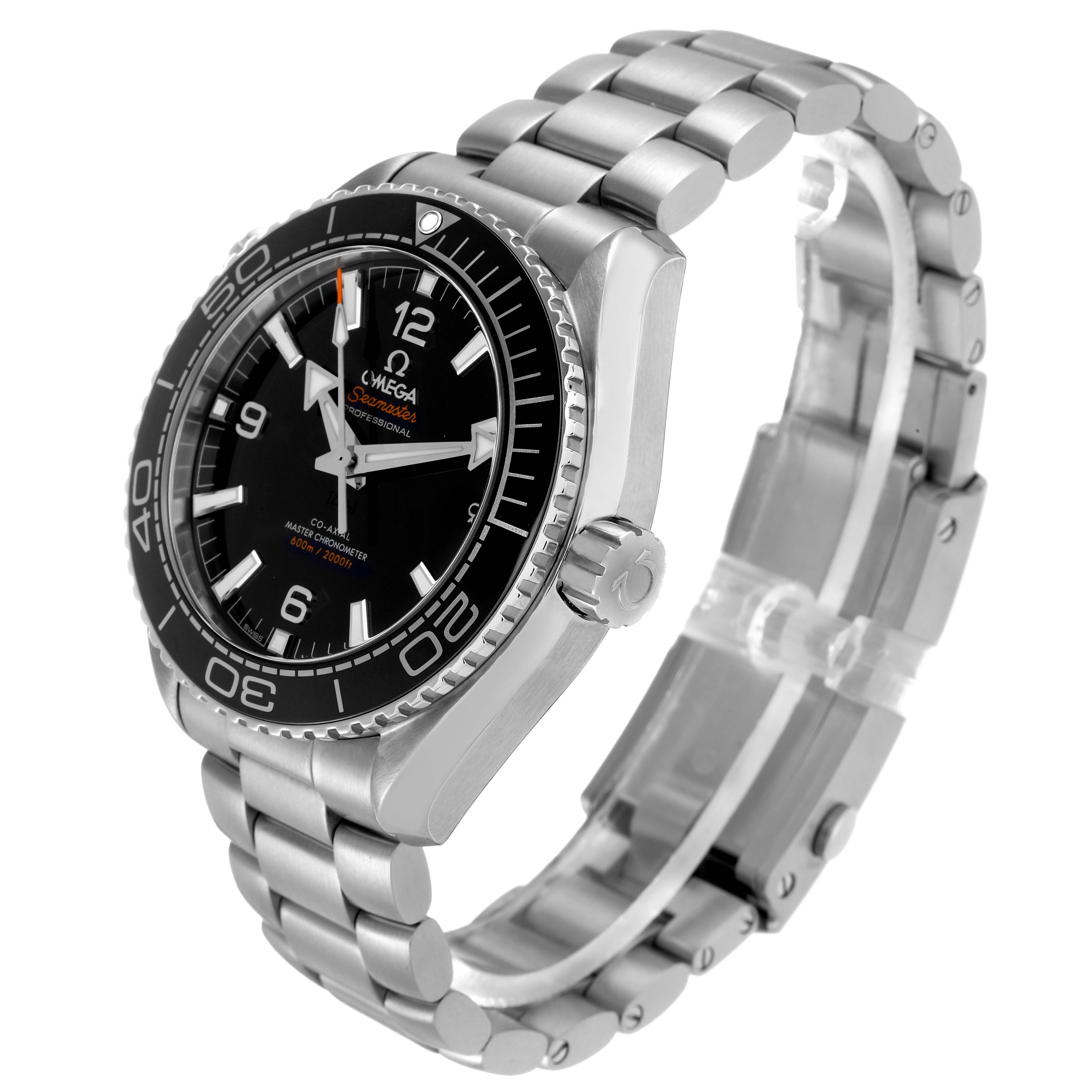 The Omega Planet Ocean 215.30.44.21.01.001 Men
s Stainless Steel Black Dial watch is shown at a three-quarter angle, highlighting the face, bezel, crown, and bracelet.
