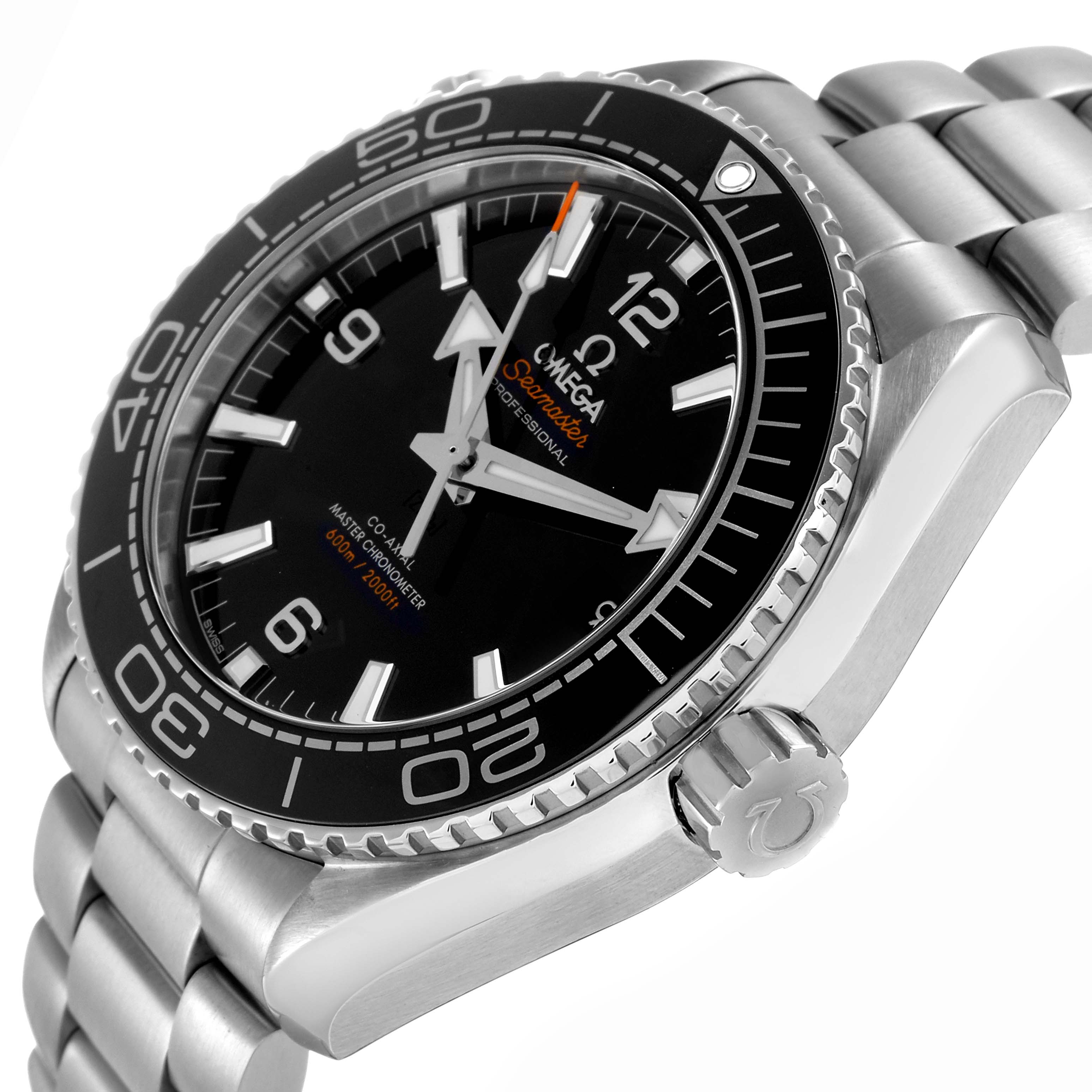 The image shows the Omega Planet Ocean 215.30.44.21.01.001 Men
s Stainless Steel Black Dial watch at an angled side view, highlighting the bezel, crown, and bracelet.