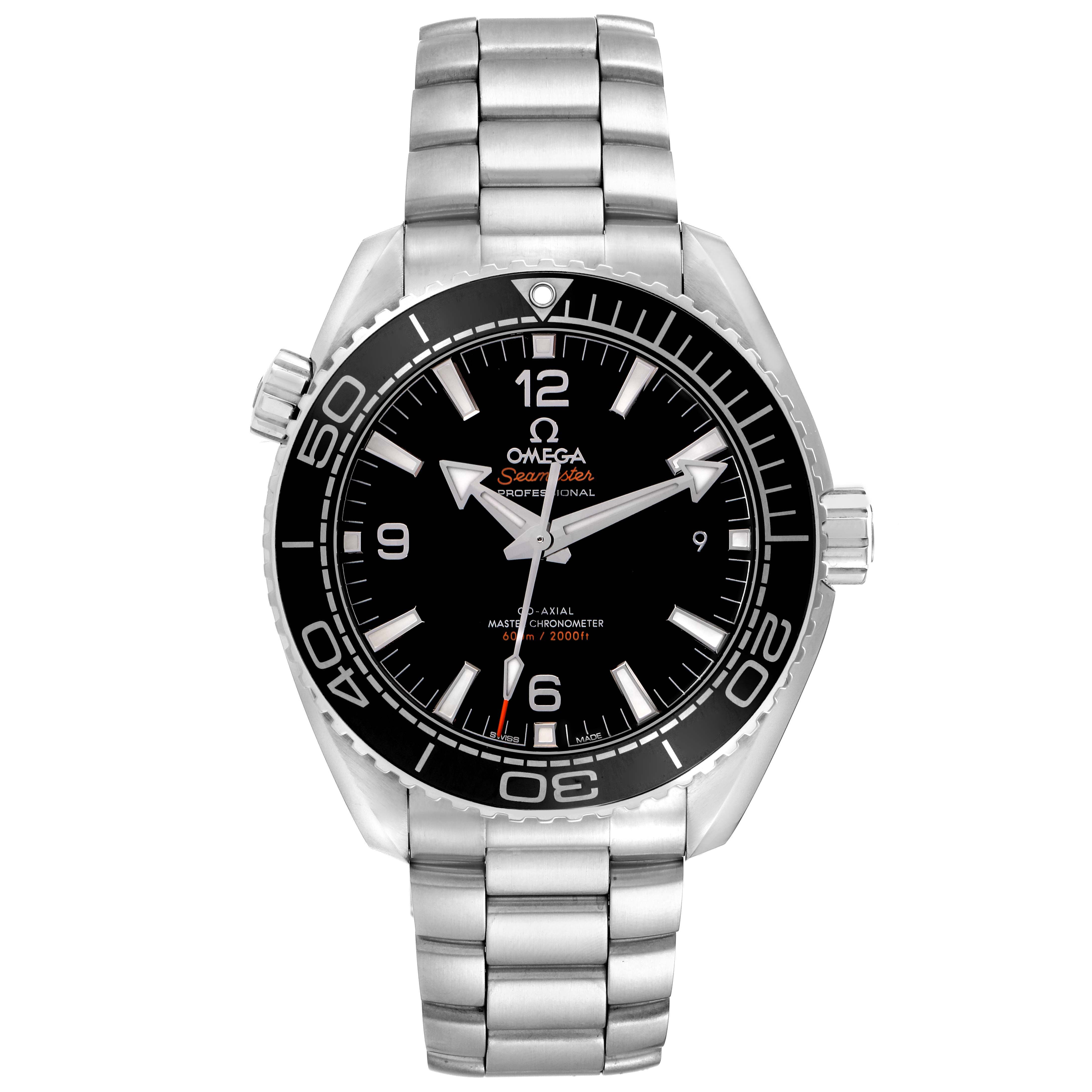 The Omega Planet Ocean 215.30.44.21.01.001 Men
s Stainless Steel Black Dial watch is shown from the front, displaying the dial, bezel, case, bracelet, and crown.