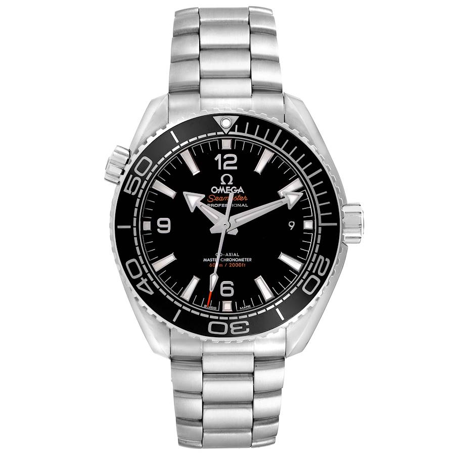 The Omega Planet Ocean model 215.30.44.21.01.001 is shown from the front, highlighting the watch face, bezel, bracelet, and crown.