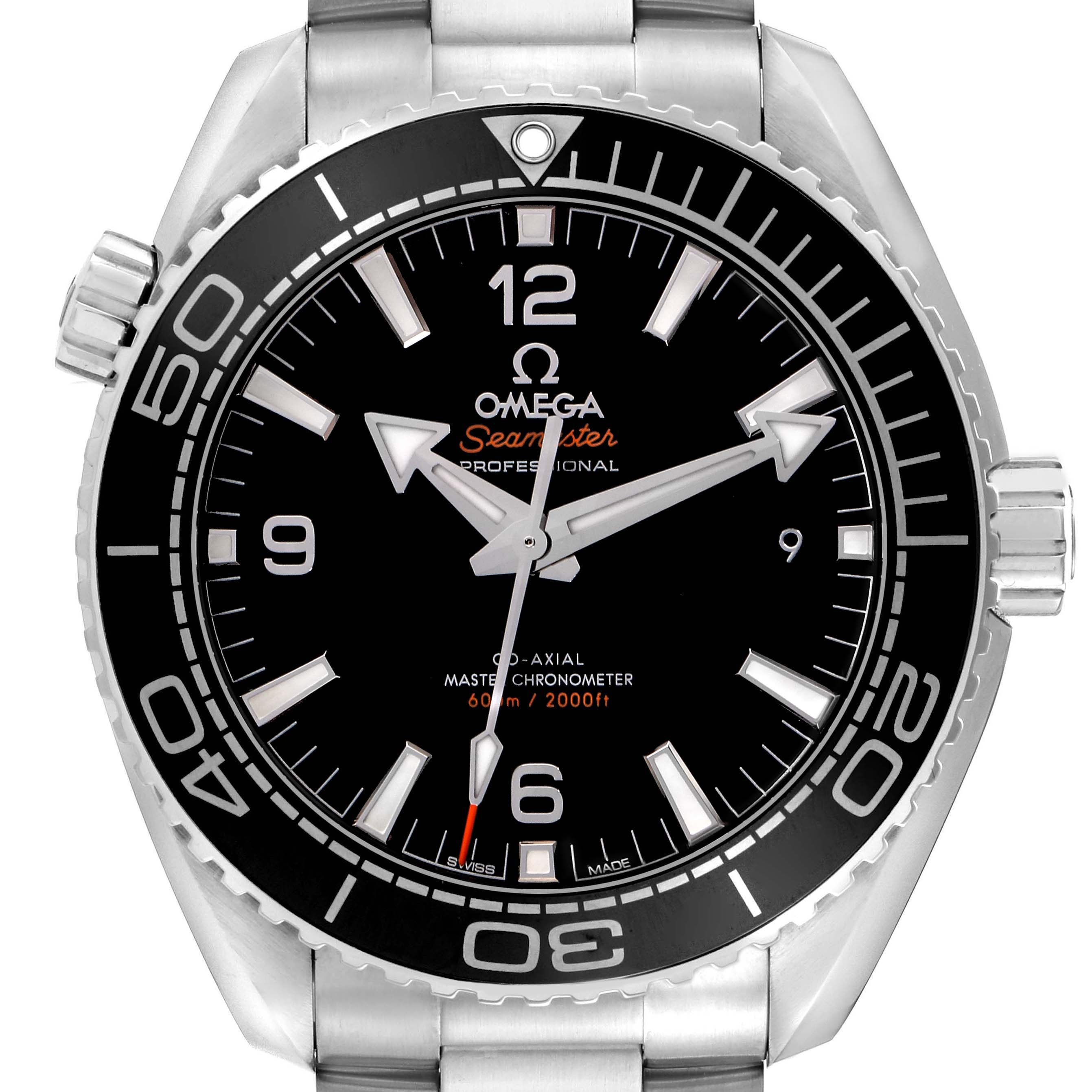 The Omega Planet Ocean 215.30.44.21.01.001 Men
s Stainless Steel Black Dial watch is shown from the front, displaying the bezel, dial, hands, and bracelet connection.