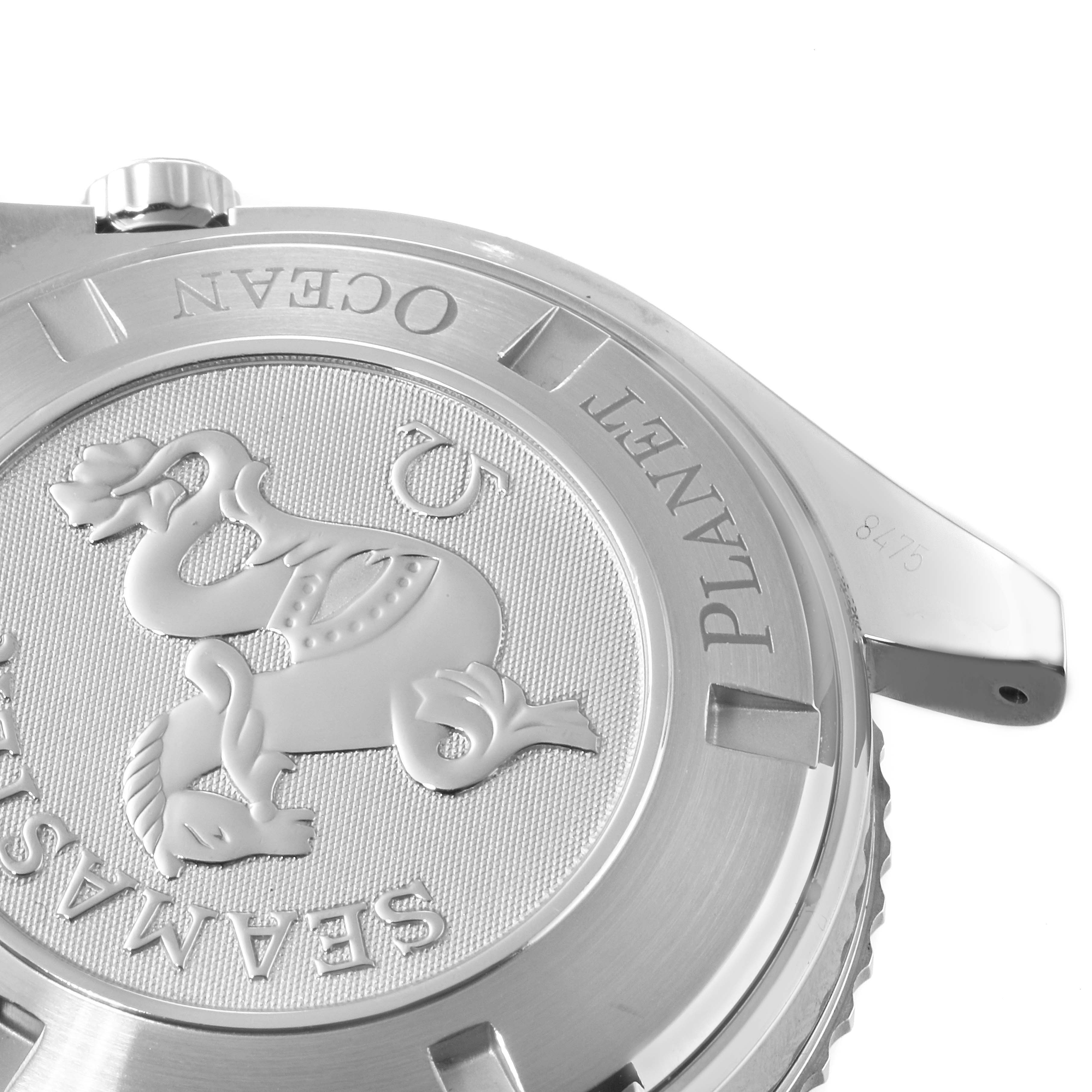 This image shows the case back of an Omega Planet Ocean 2200.50.00 Men's Stainless Steel Black Dial 2200.50.00 Men's Stainless Steel Black Dial watch, featuring the Seamasters logo and part of the strap attachment.