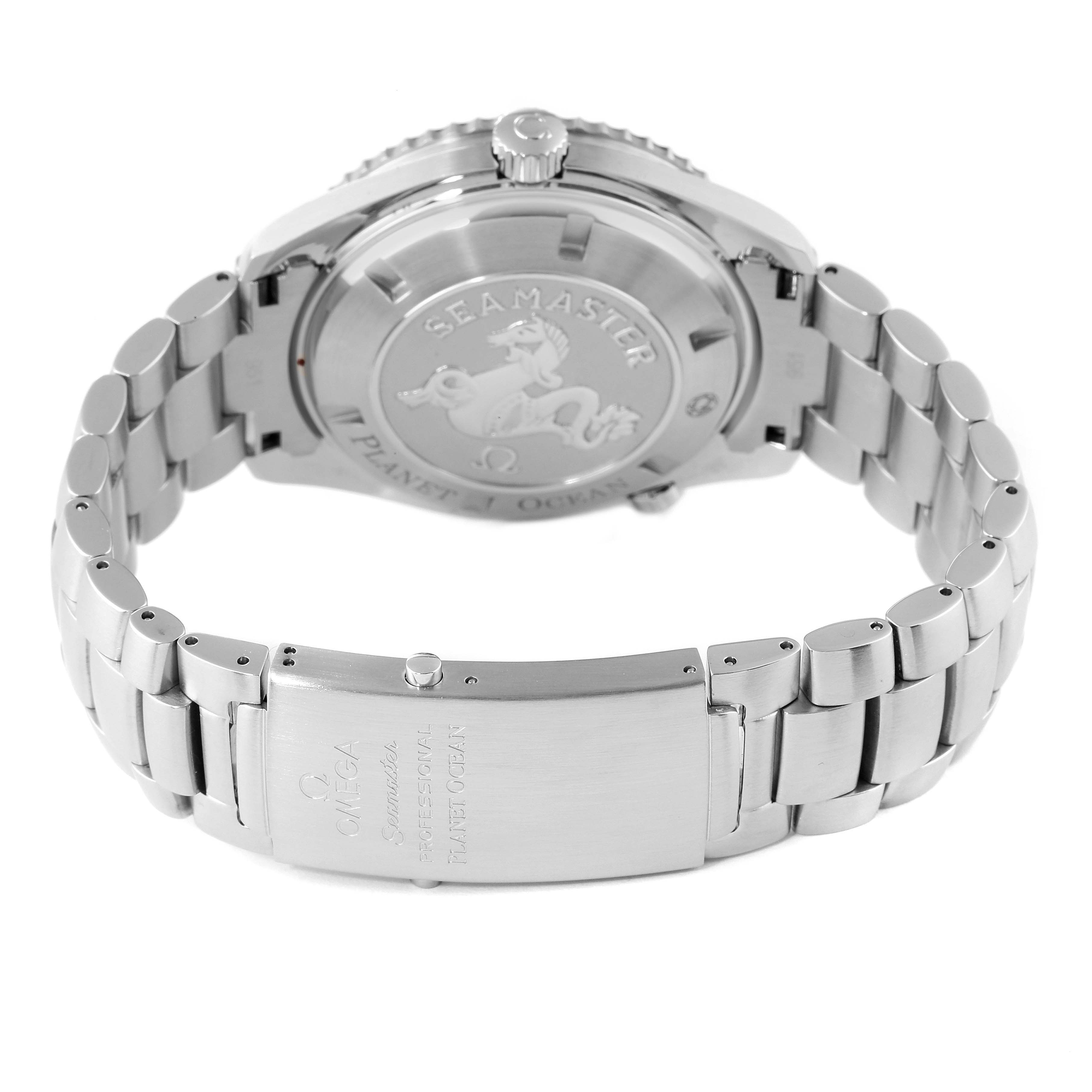 The image shows the back case and bracelet of an Omega Planet Ocean 2200.50.00 Men's Stainless Steel Black Dial 2200.50.00 Men's Stainless Steel Black Dial watch, clearly displaying the Seamaster logo.