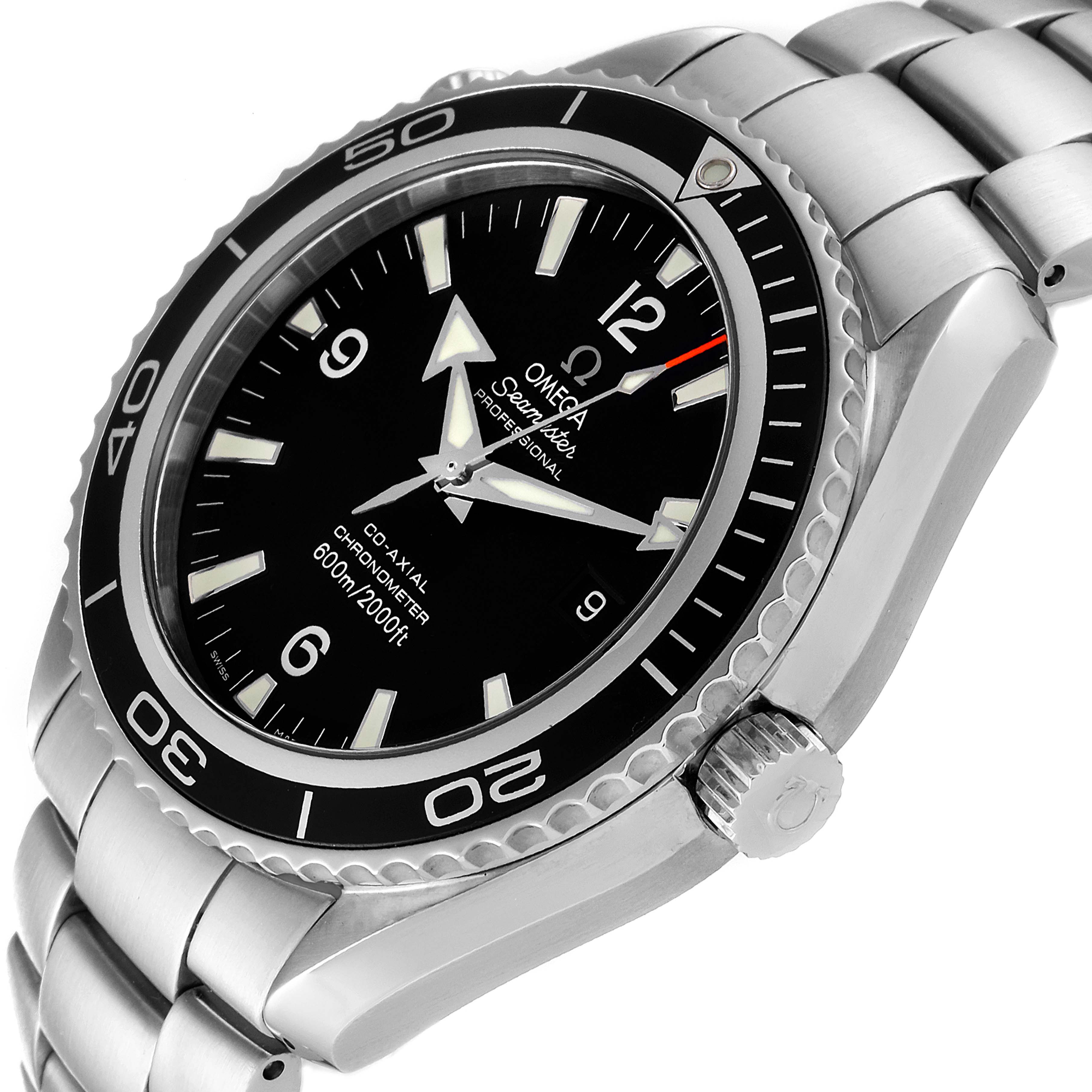 The image shows an Omega Planet Ocean 2200.50.00 Men's Stainless Steel Black Dial 2200.50.00 Men's Stainless Steel Black Dial watch at a slight angle, highlighting the bezel, dial, crown, and part of the bracelet.