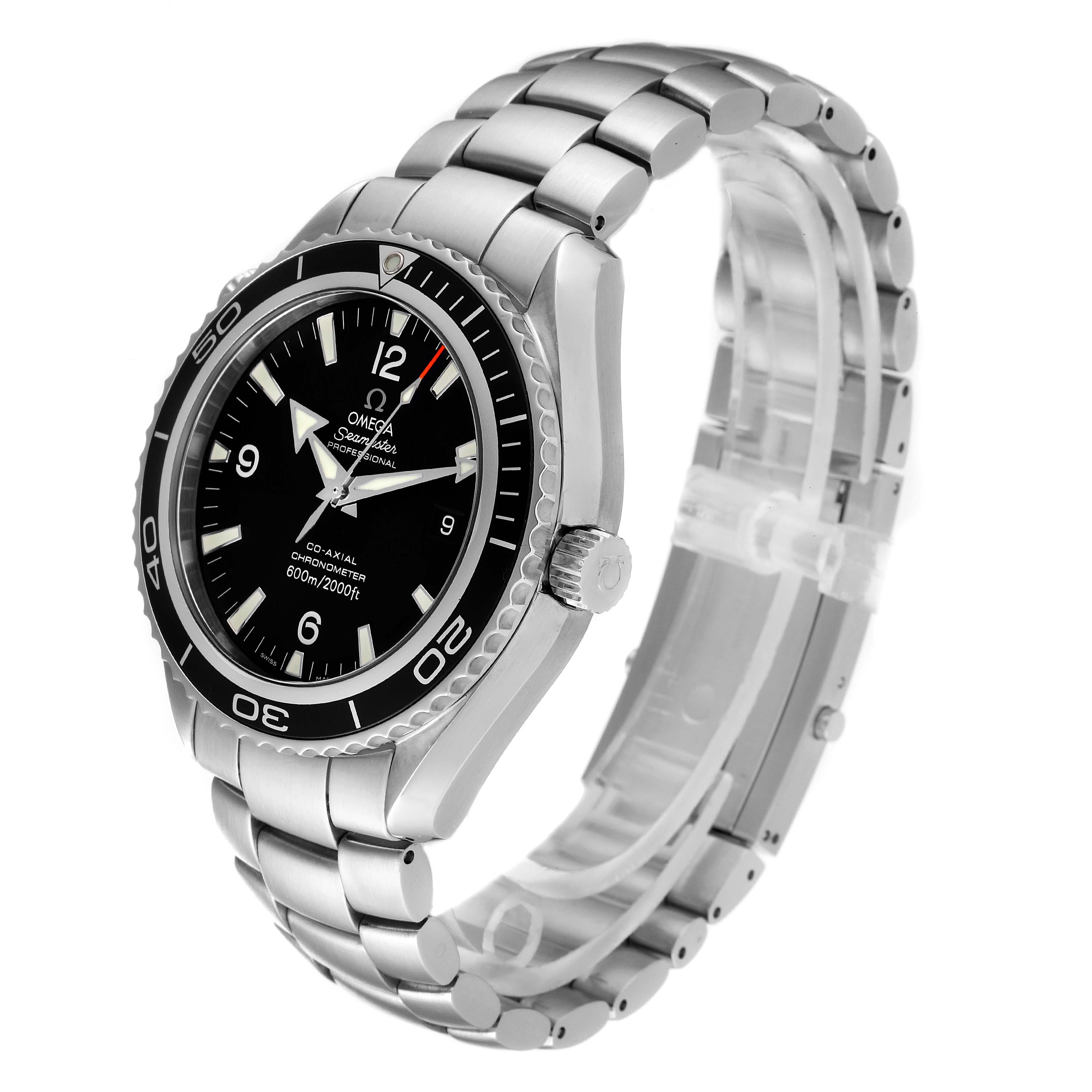 The Omega Planet Ocean 2200.50.00 Men's Stainless Steel Black Dial 2200.50.00 Men's Stainless Steel Black Dial watch is shown at a three-quarter angle, highlighting its dial, bezel, and stainless steel bracelet.