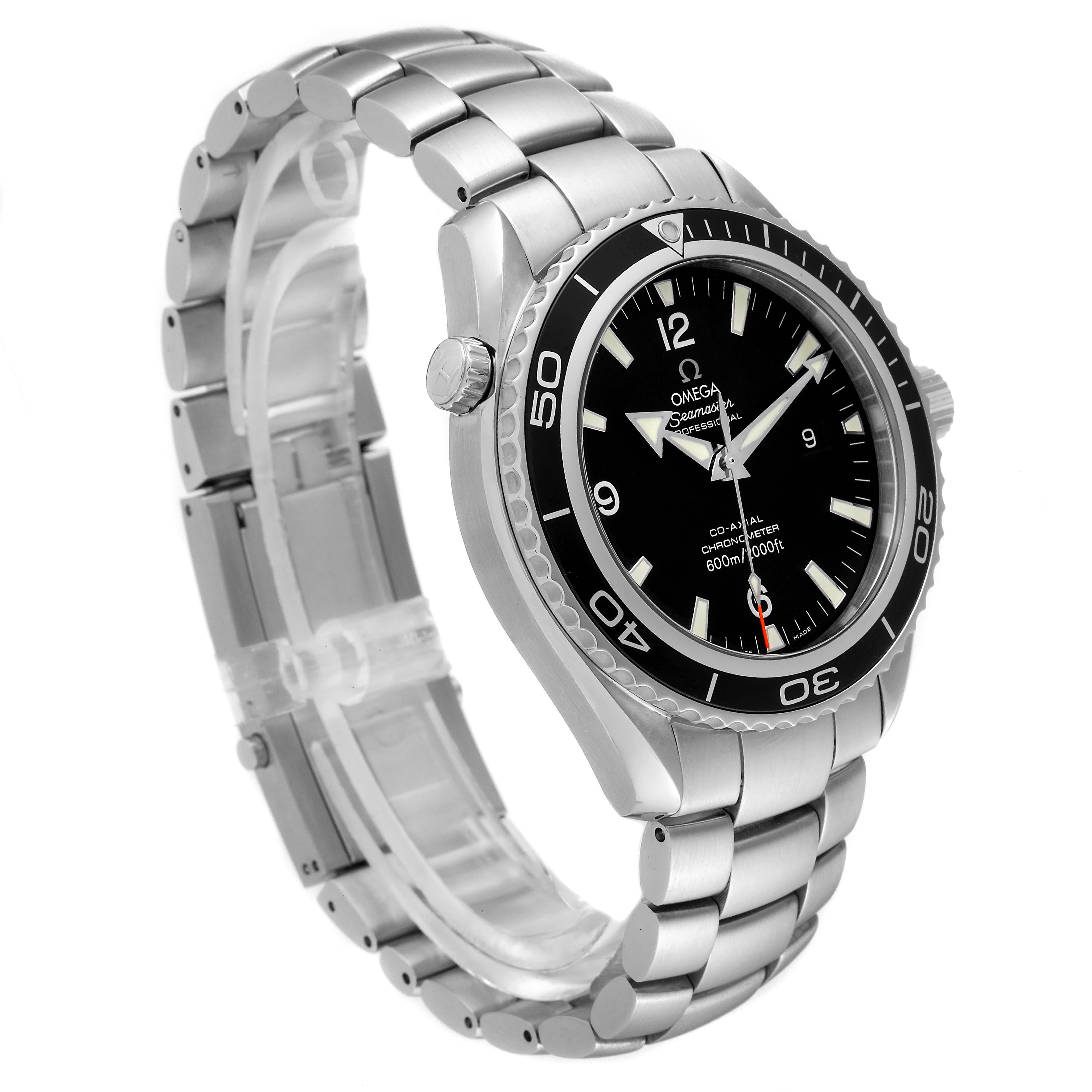 This Omega Planet Ocean 2200.50.00 Men's Stainless Steel Black Dial 2200.50.00 Men's Stainless Steel Black Dial watch is shown at a slight angle, displaying the face, bezel, crown, and metal bracelet.