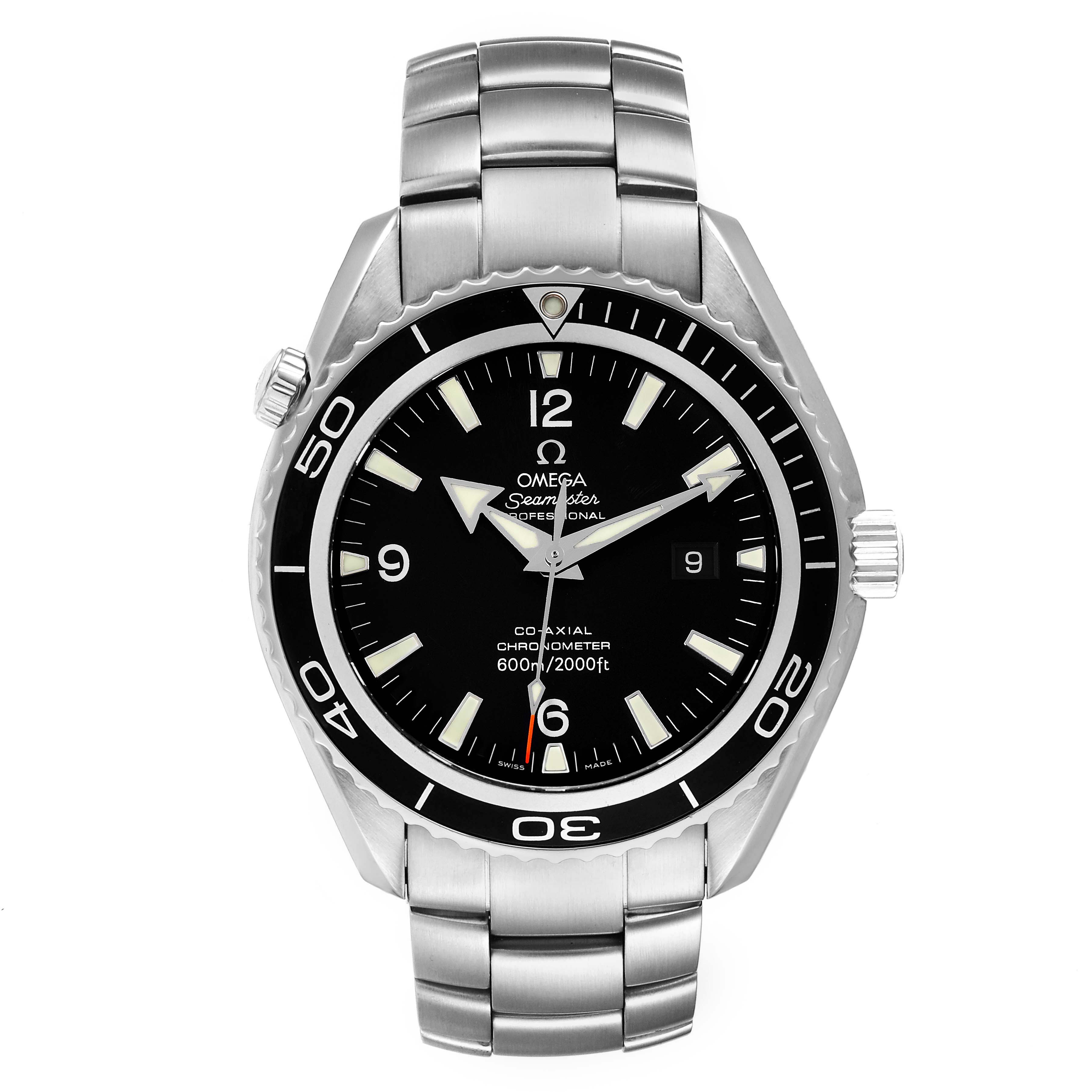 The image shows a front view of the Omega Planet Ocean 2200.50.00 Men's Stainless Steel Black Dial 2200.50.00 Men's Stainless Steel Black Dial watch, displaying its face, bezel, crown, and bracelet.