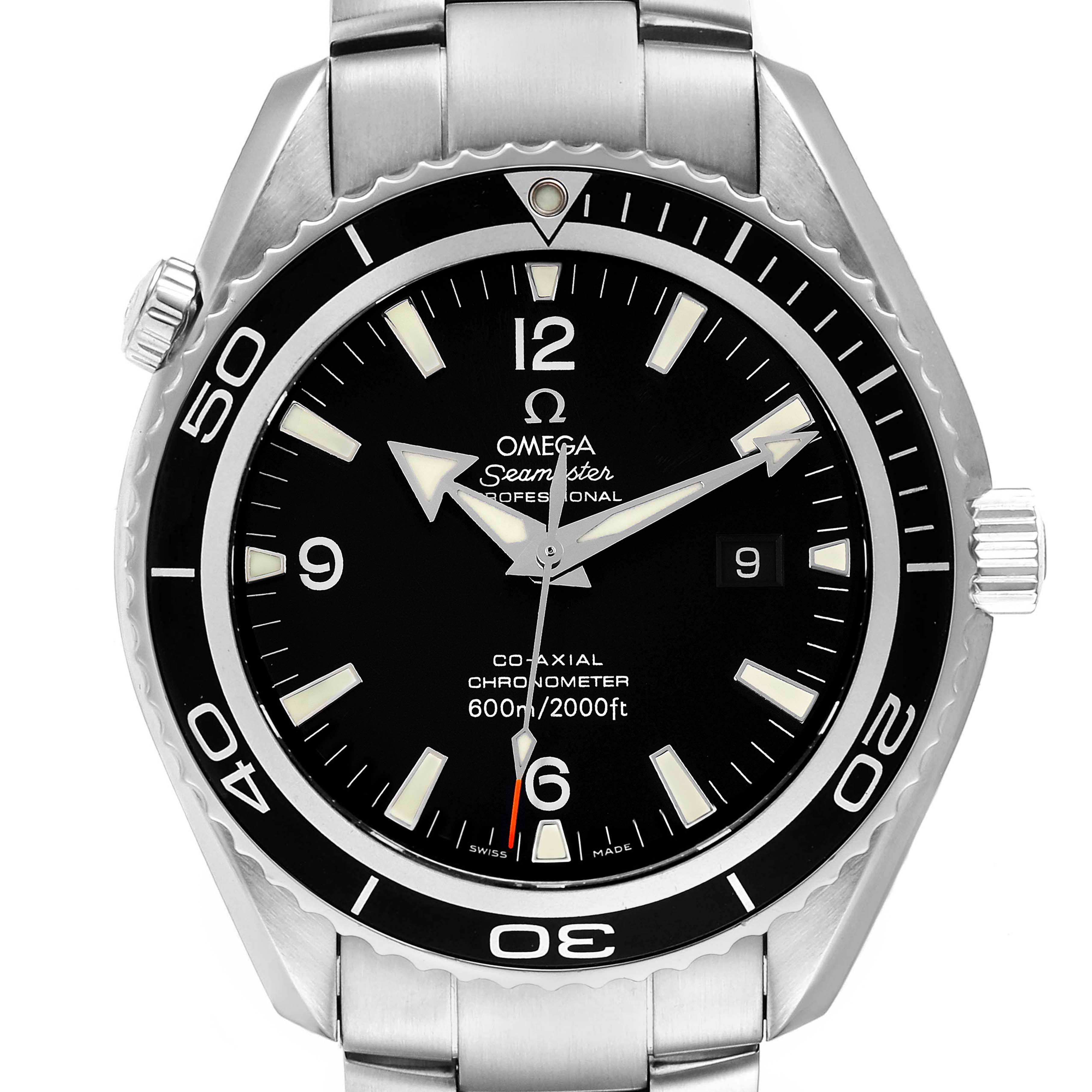 This Omega Planet Ocean 2200.50.00 Men's Stainless Steel Black Dial 2200.50.00 Men's Stainless Steel Black Dial model watch is shown from the front, displaying the dial, bezel, and parts of the bracelet.