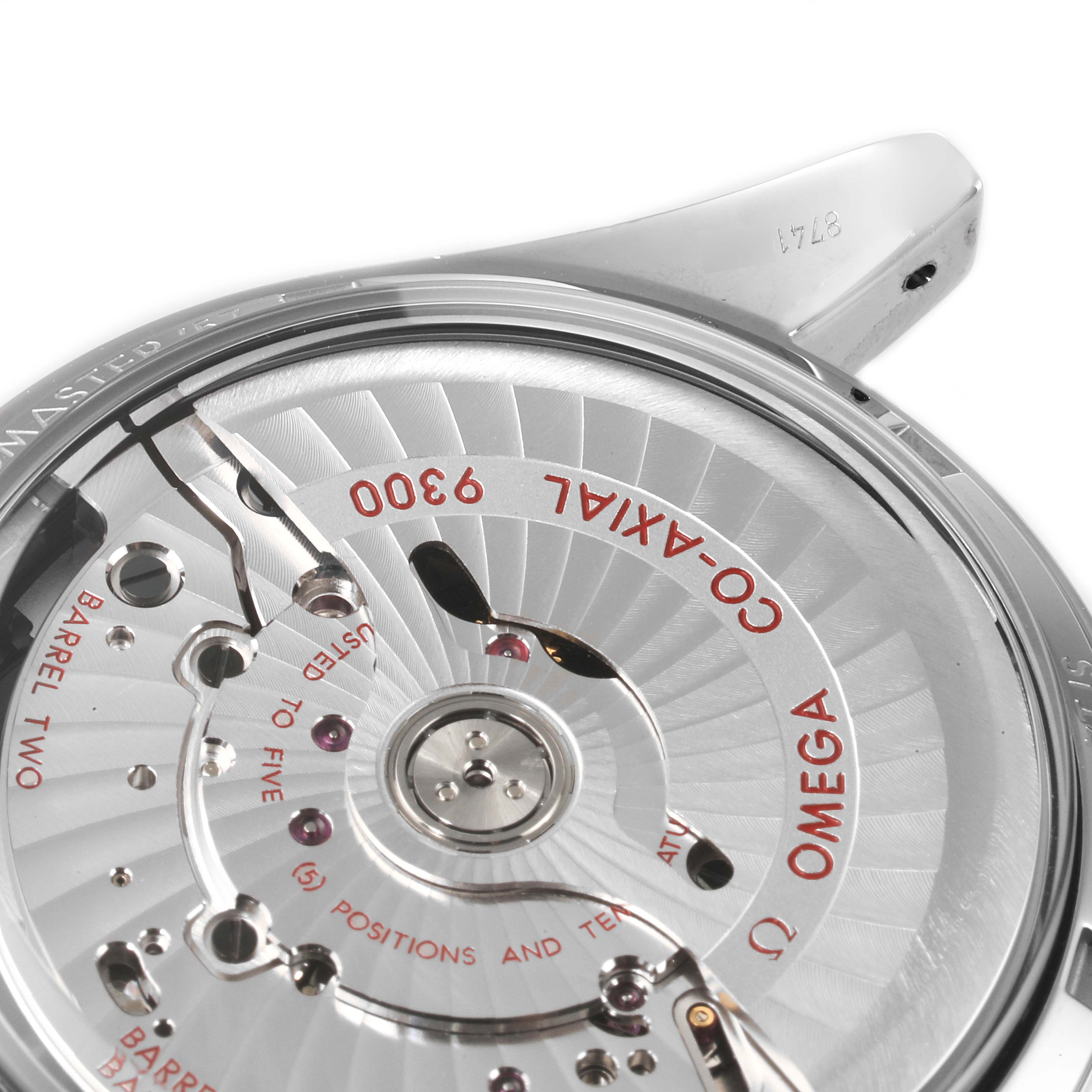 The image shows the back of an Omega Speedmaster 331.10.42.51.01.001 Men
s Stainless Steel Black Dial 331.10.42.51.01.001 Men
s Stainless Steel Black Dial, showcasing its Co-Axial 9300 movement.