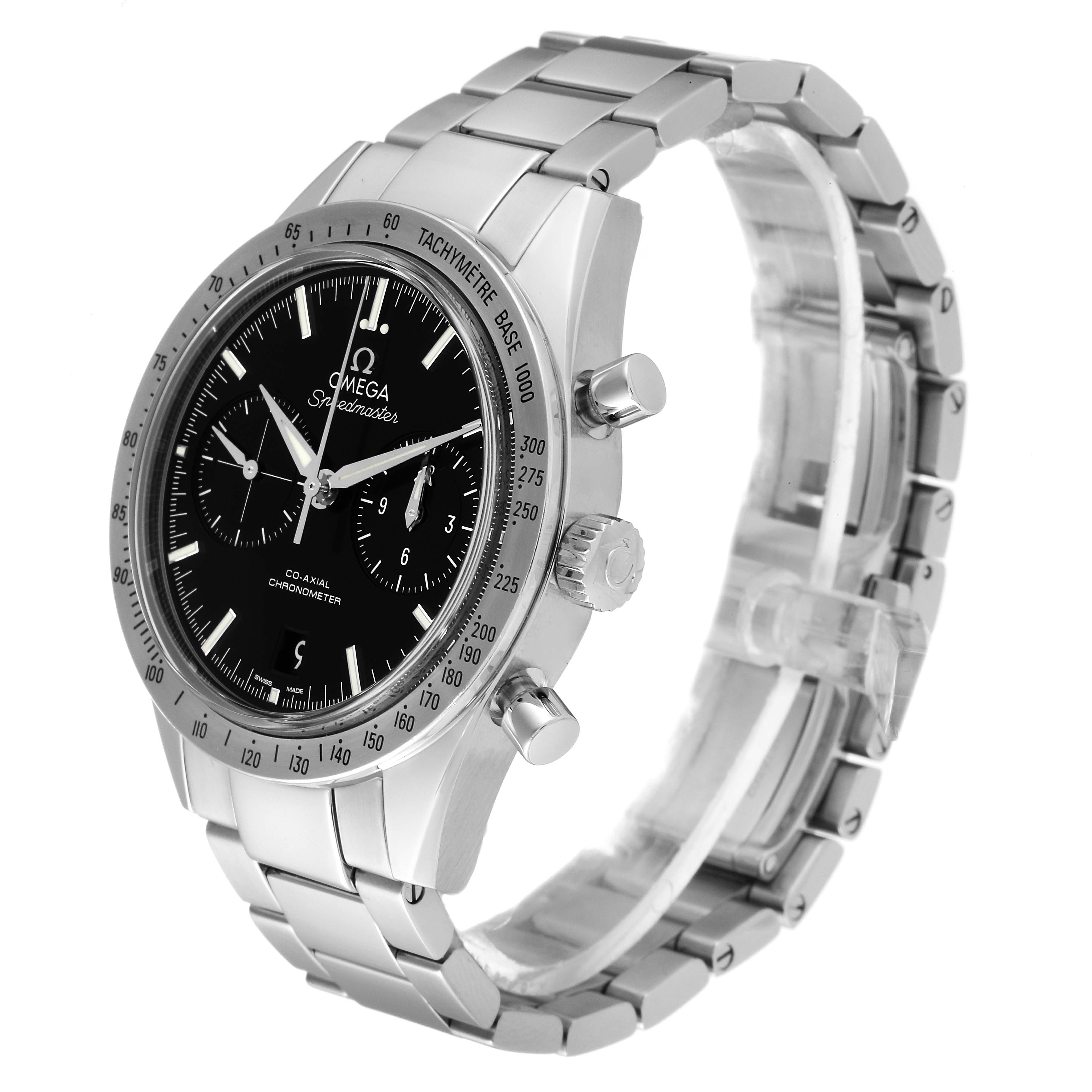 The Omega Speedmaster 331.10.42.51.01.001 Men
s Stainless Steel Black Dial 331.10.42.51.01.001 Men
s Stainless Steel Black Dial watch is shown at a three-quarter angle, displaying its face, bezel, crown, pushers, and bracelet.