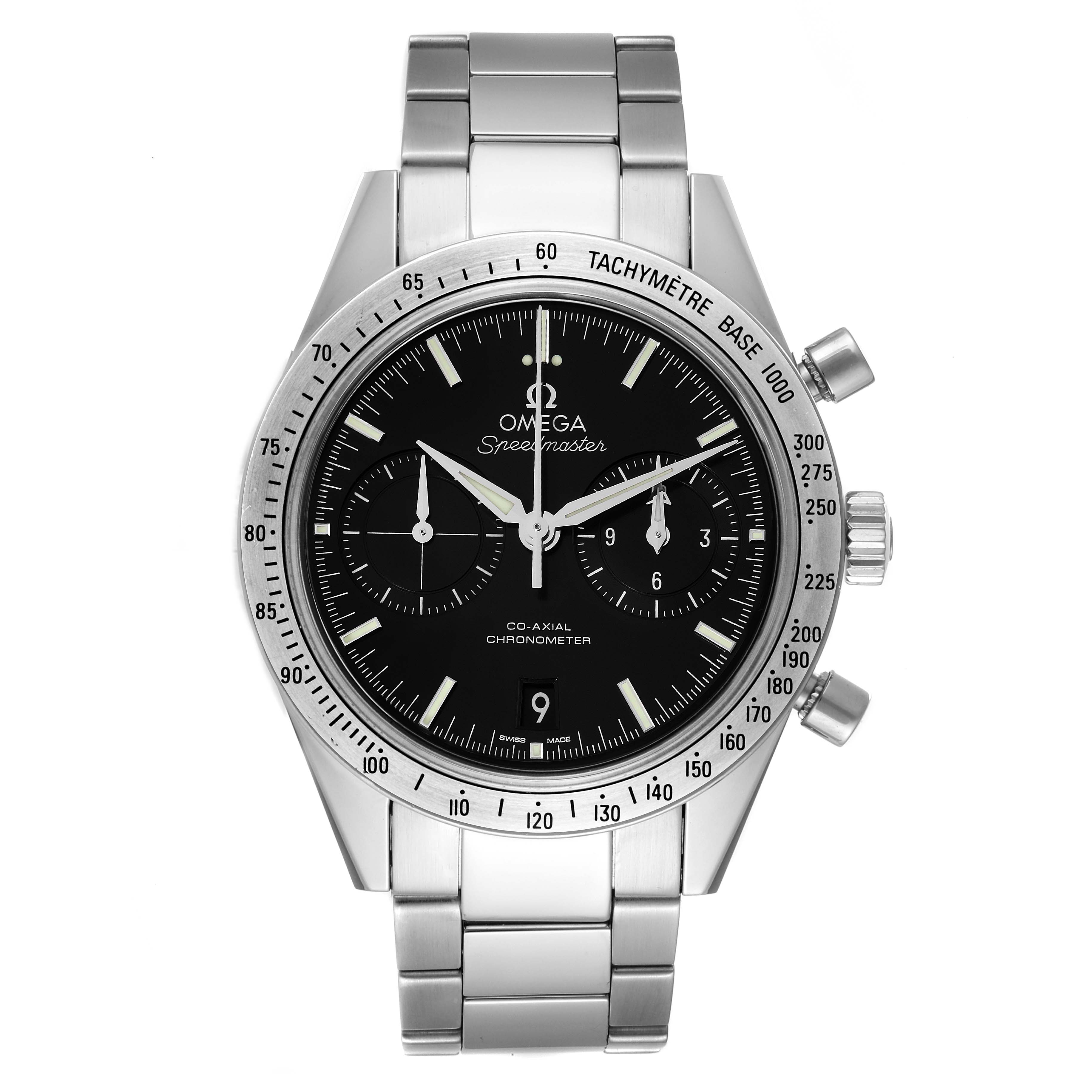 This is an Omega Speedmaster 331.10.42.51.01.001 Men
s Stainless Steel Black Dial 331.10.42.51.01.001 Men
s Stainless Steel Black Dial watch shown from the front, displaying the dial, bezel, case, and bracelet.