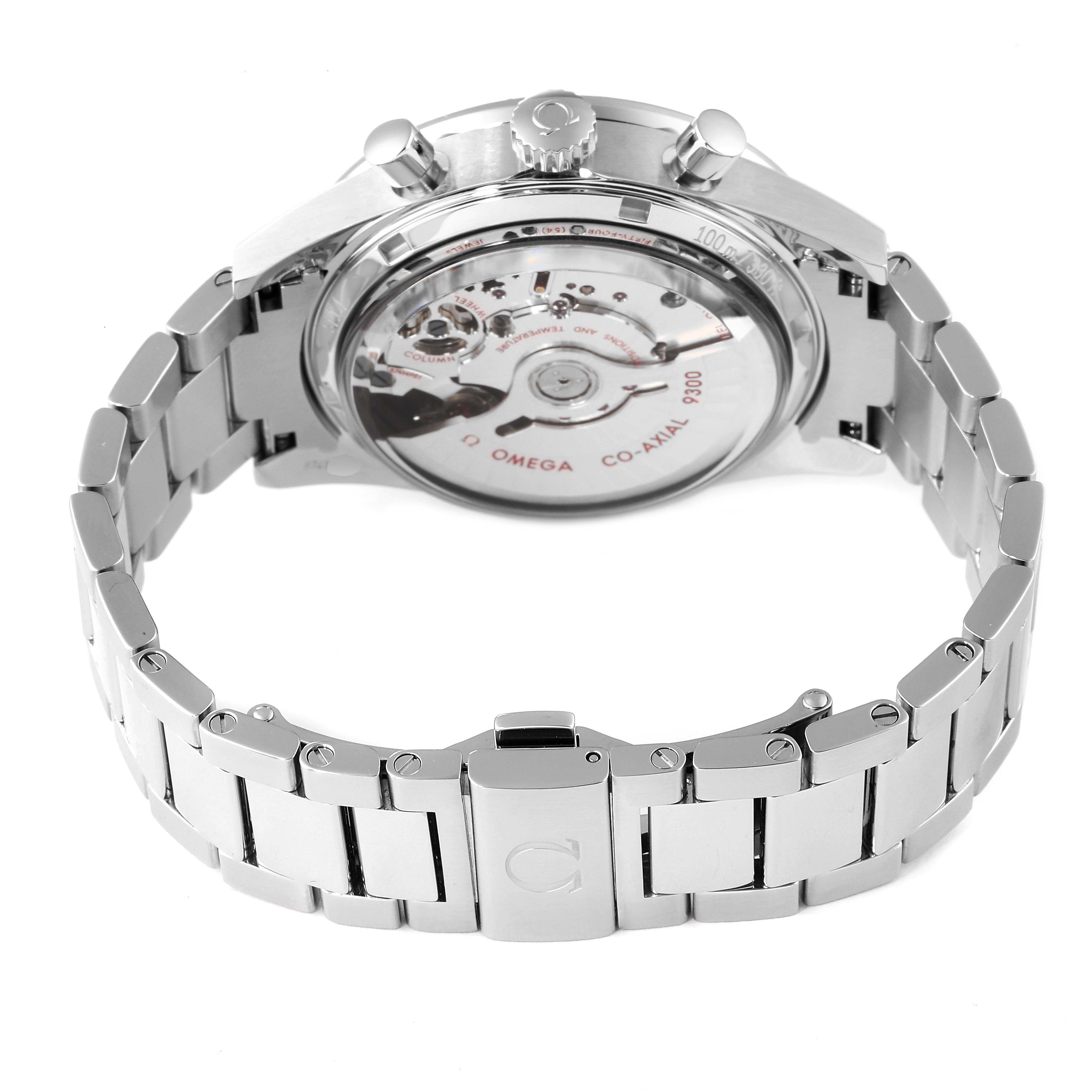 This image shows the back of the Omega Speedmaster 331.10.42.51.01.001 Men
s Stainless Steel Black Dial 331.10.42.51.01.001 Men
s Stainless Steel Black Dial watch, focusing on its exposed movement and stainless steel bracelet.