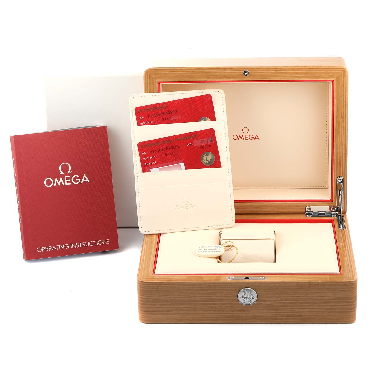 The image shows the opened box, instructions, and wallet with cards for an Omega Speedmaster 331.10.42.51.01.001 Men
s Stainless Steel Black Dial 331.10.42.51.01.001 Men
s Stainless Steel Black Dial.