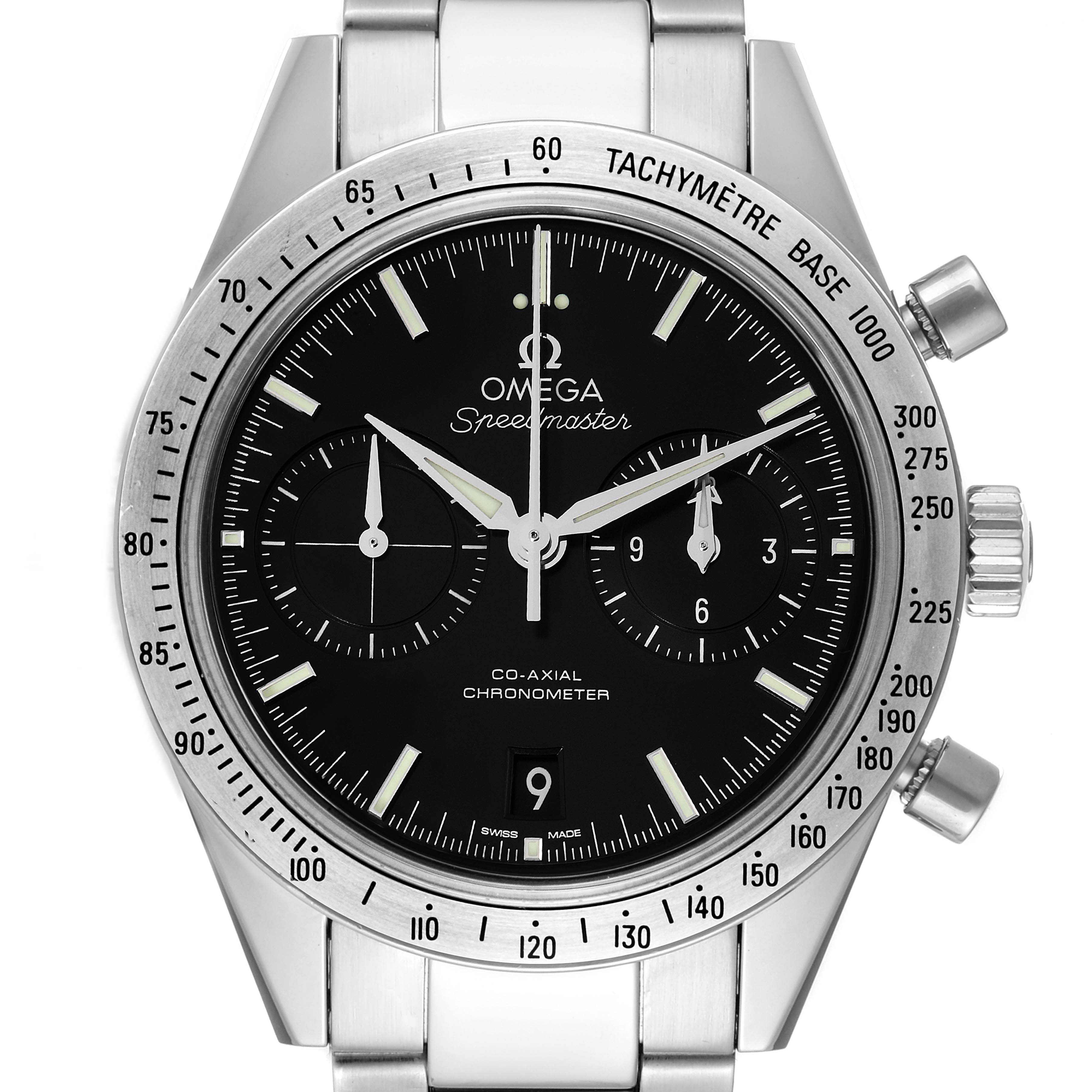 The image shows a frontal view of an Omega Speedmaster 331.10.42.51.01.001 Men
s Stainless Steel Black Dial 331.10.42.51.01.001 Men
s Stainless Steel Black Dial watch featuring its black dial, three subdials, and tachymeter bezel.