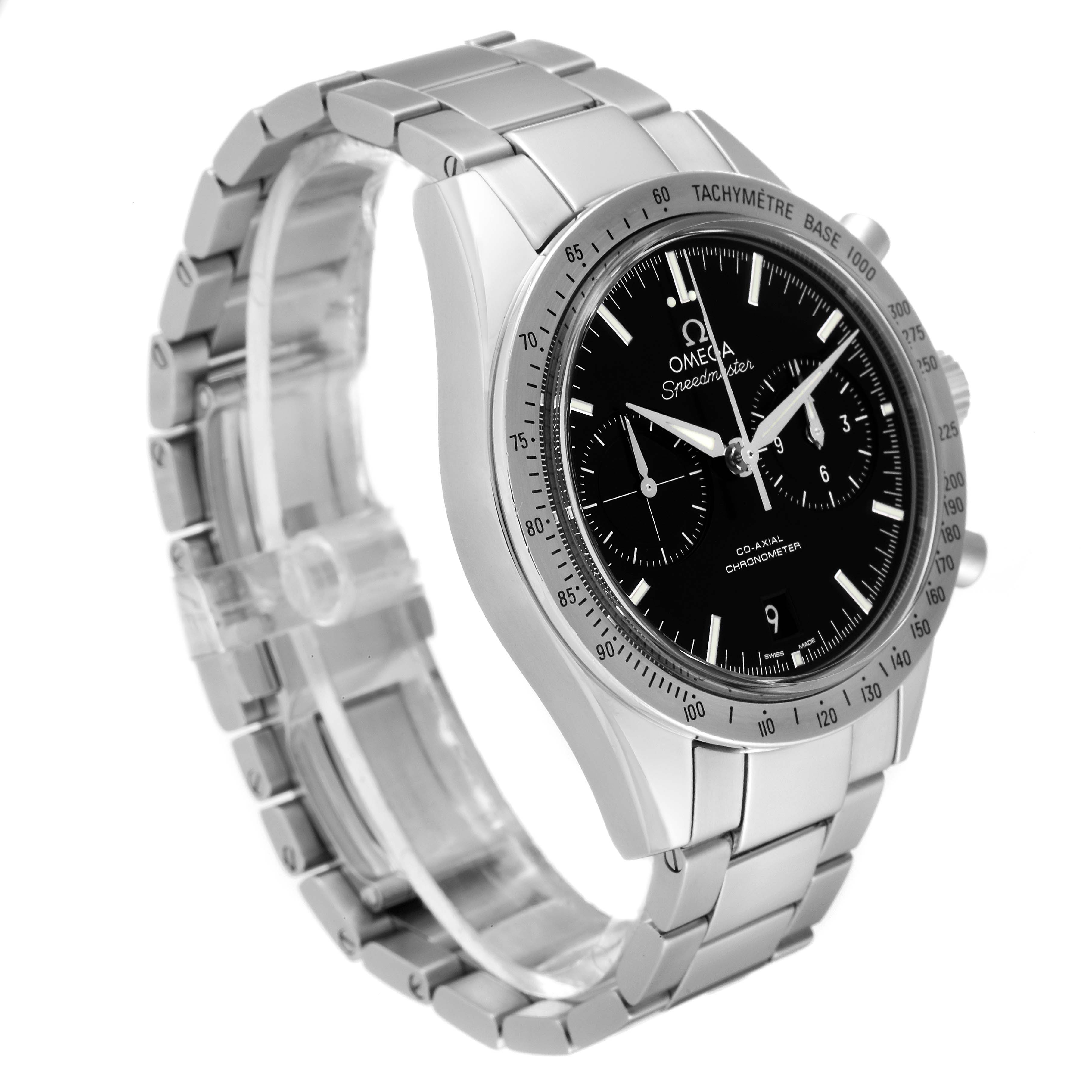 The image shows an Omega Speedmaster 331.10.42.51.01.001 Men
s Stainless Steel Black Dial 331.10.42.51.01.001 Men
s Stainless Steel Black Dial watch at a three-quarter angle, highlighting its bracelet, bezel, and dial.