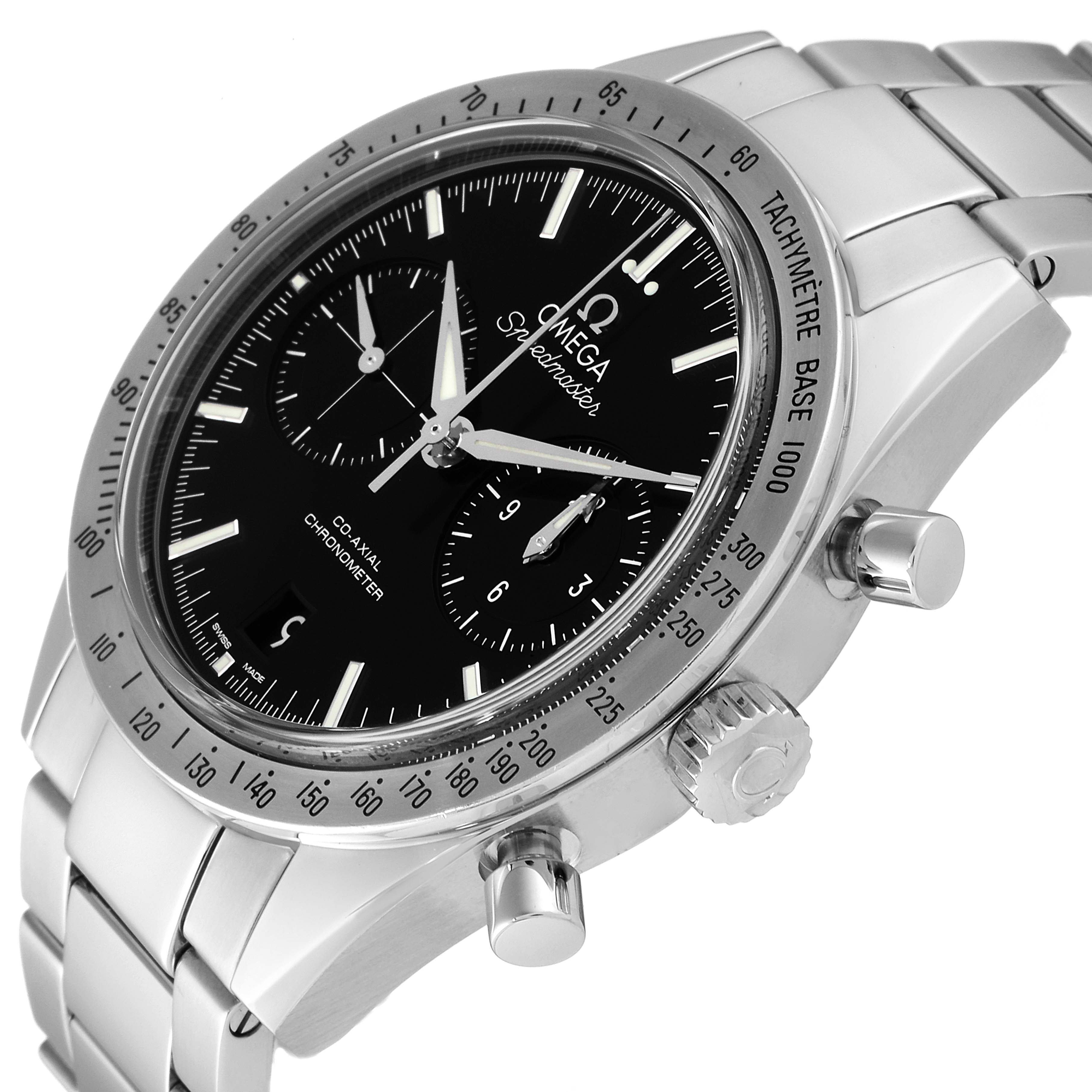 The image shows an angled view of the Omega Speedmaster 331.10.42.51.01.001 Men
s Stainless Steel Black Dial 331.10.42.51.01.001 Men
s Stainless Steel Black Dial, highlighting the dial, bezel, crown, pushers, and part of the bracelet.
