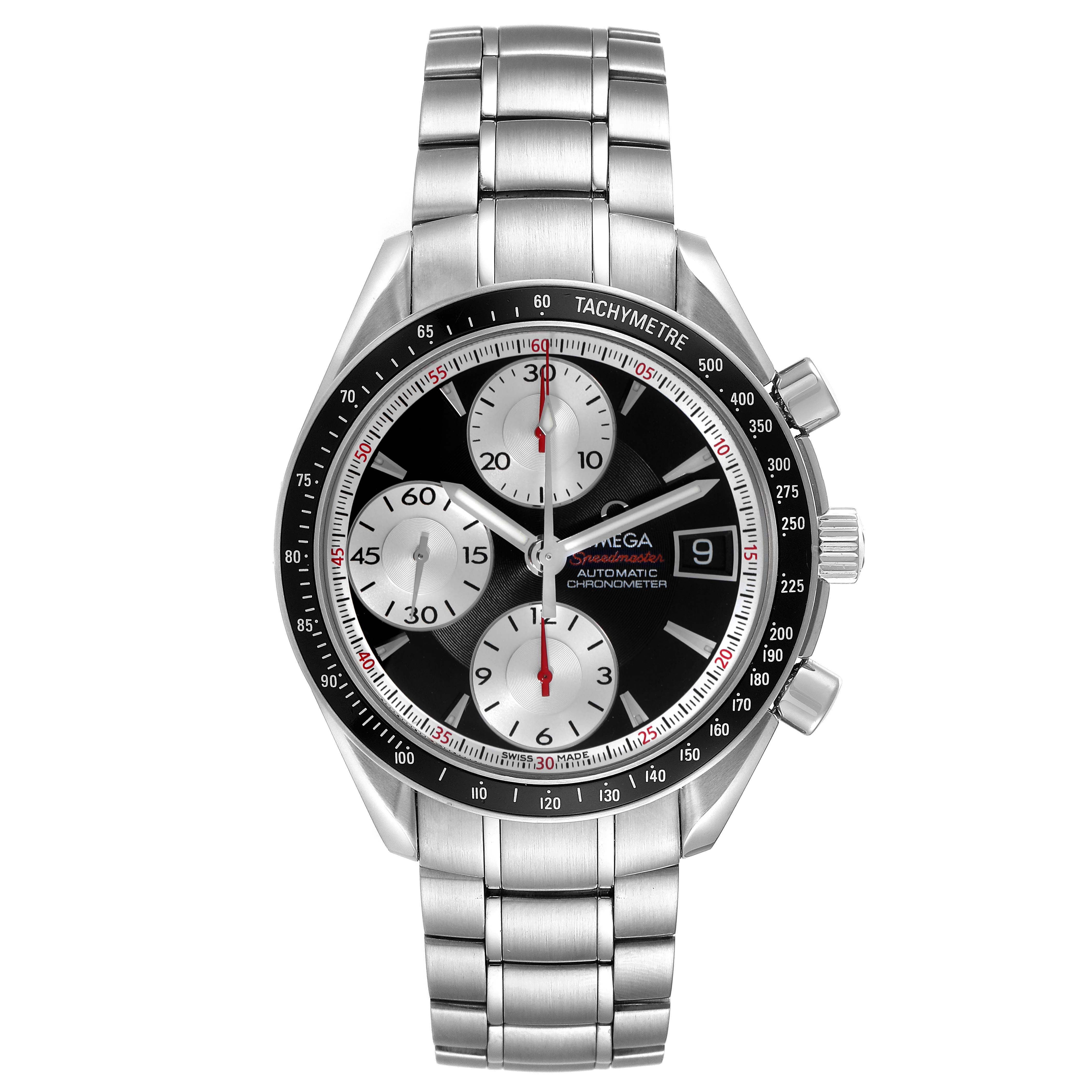 The Omega Speedmaster 3210.51.00 Men
s Stainless Steel Black Dial watch is shown from the front, highlighting the dial, subdials, tachymeter bezel, and stainless steel bracelet.
