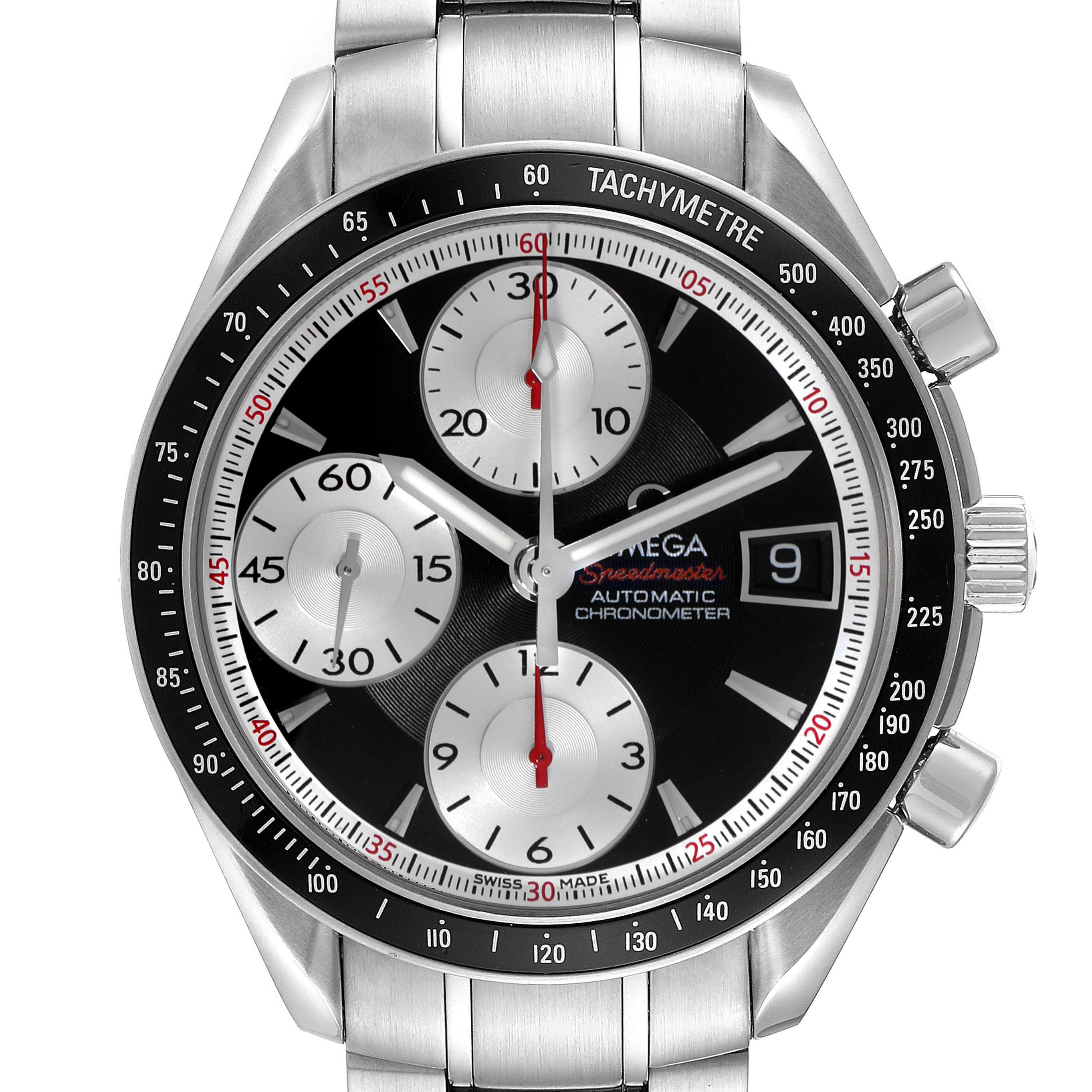 The Omega Speedmaster 3210.51.00 Men
s Stainless Steel Black Dial watch is shown from the front, detailing the dial, subdials, tachymetre bezel, and crown.