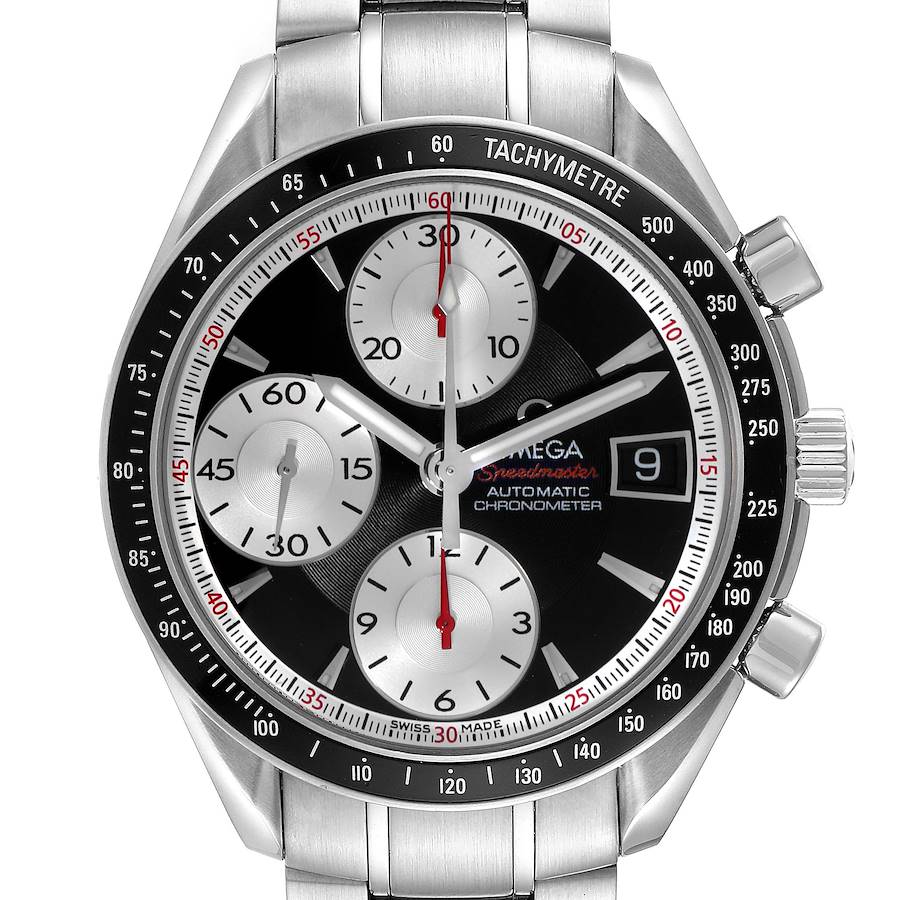 The Omega Speedmaster model 3210.51.00 is shown from the front, featuring its dial, chronograph sub-dials, tachymeter bezel, and metal bracelet.