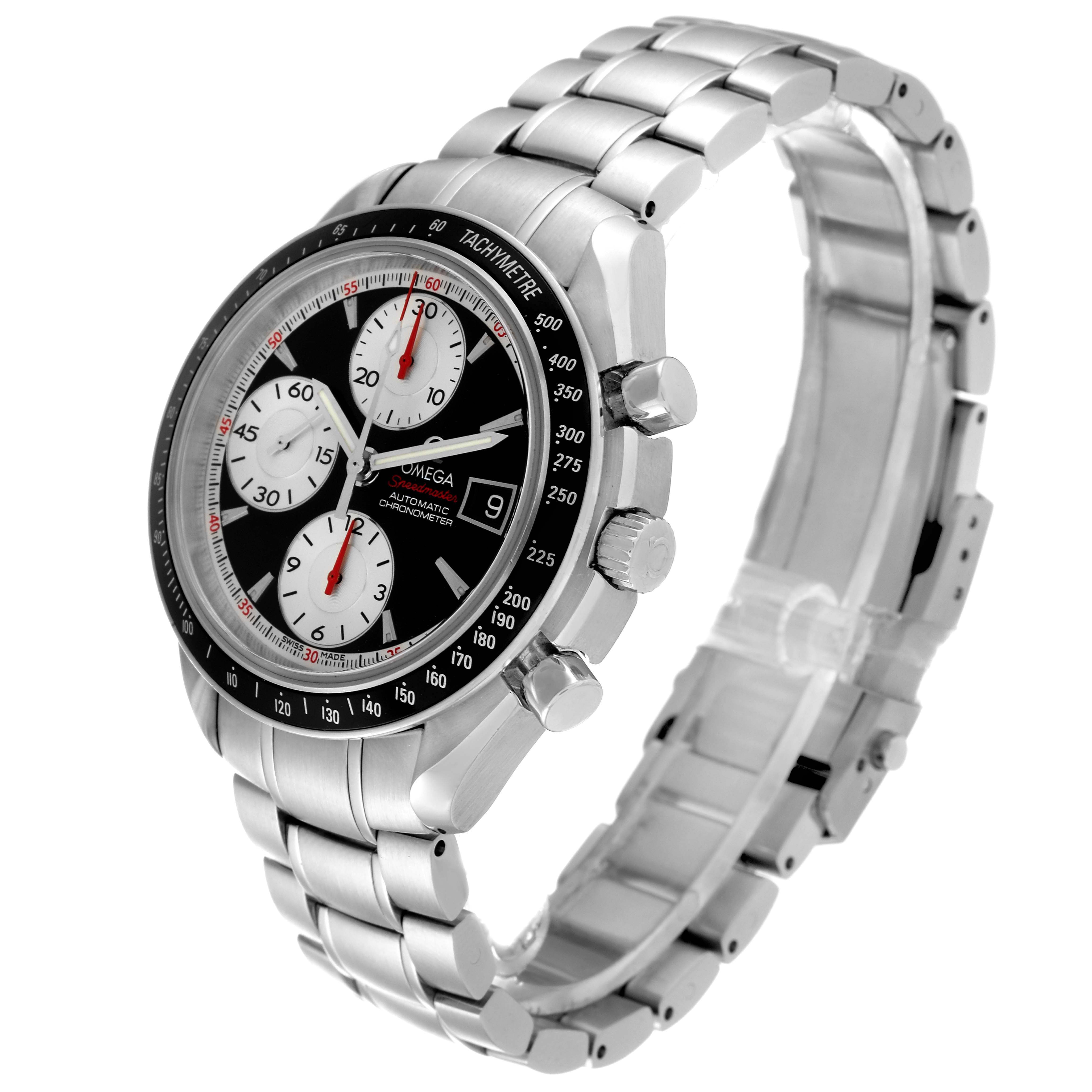 The Omega Speedmaster 3210.51.00 Men
s Stainless Steel Black Dial is shown at a three-quarter angle, highlighting the dial, bezel, pushers, and metal bracelet.