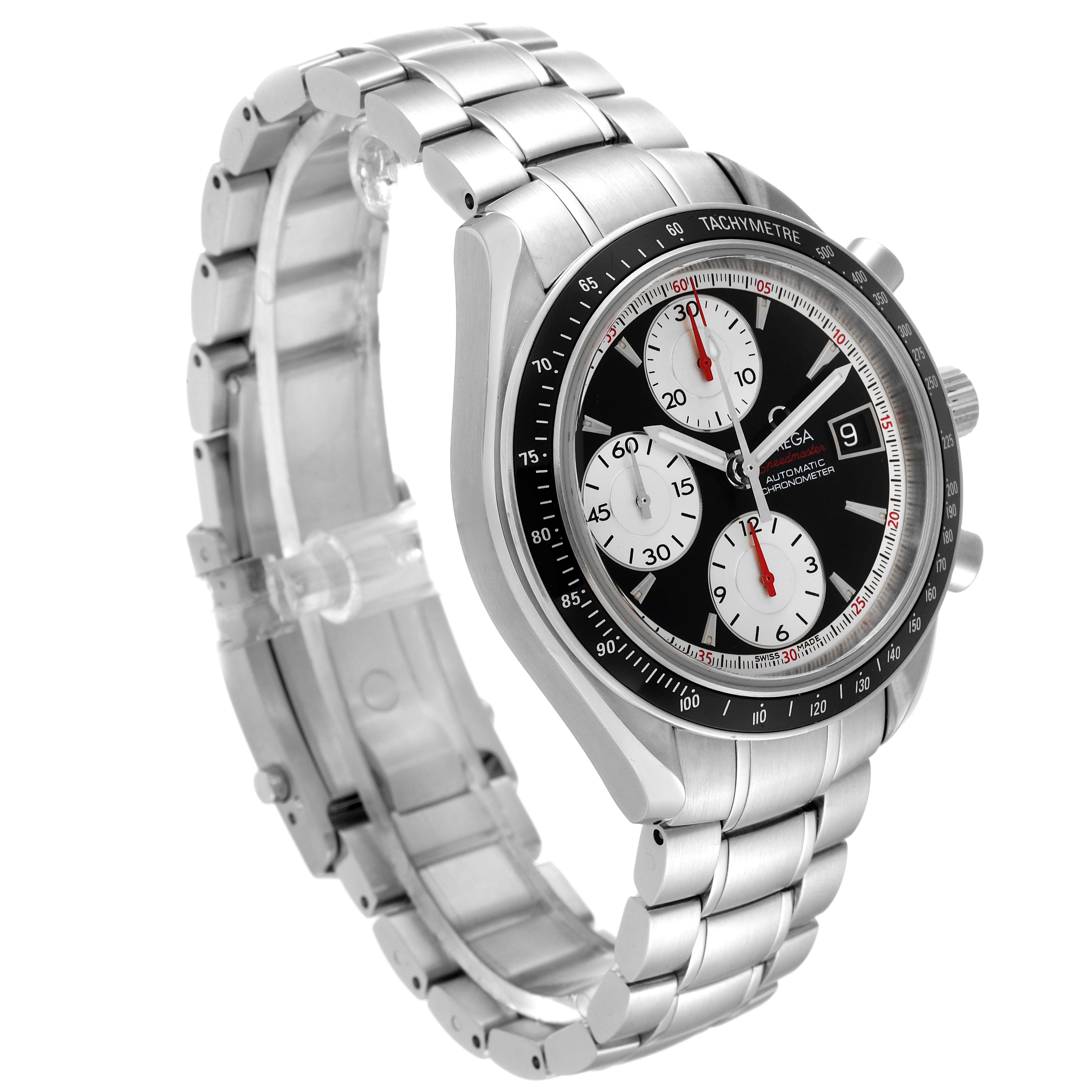 The Omega Speedmaster 3210.51.00 Men
s Stainless Steel Black Dial watch is shown at a three-quarter angle, highlighting the case, bracelet, tachymeter bezel, and subdials.