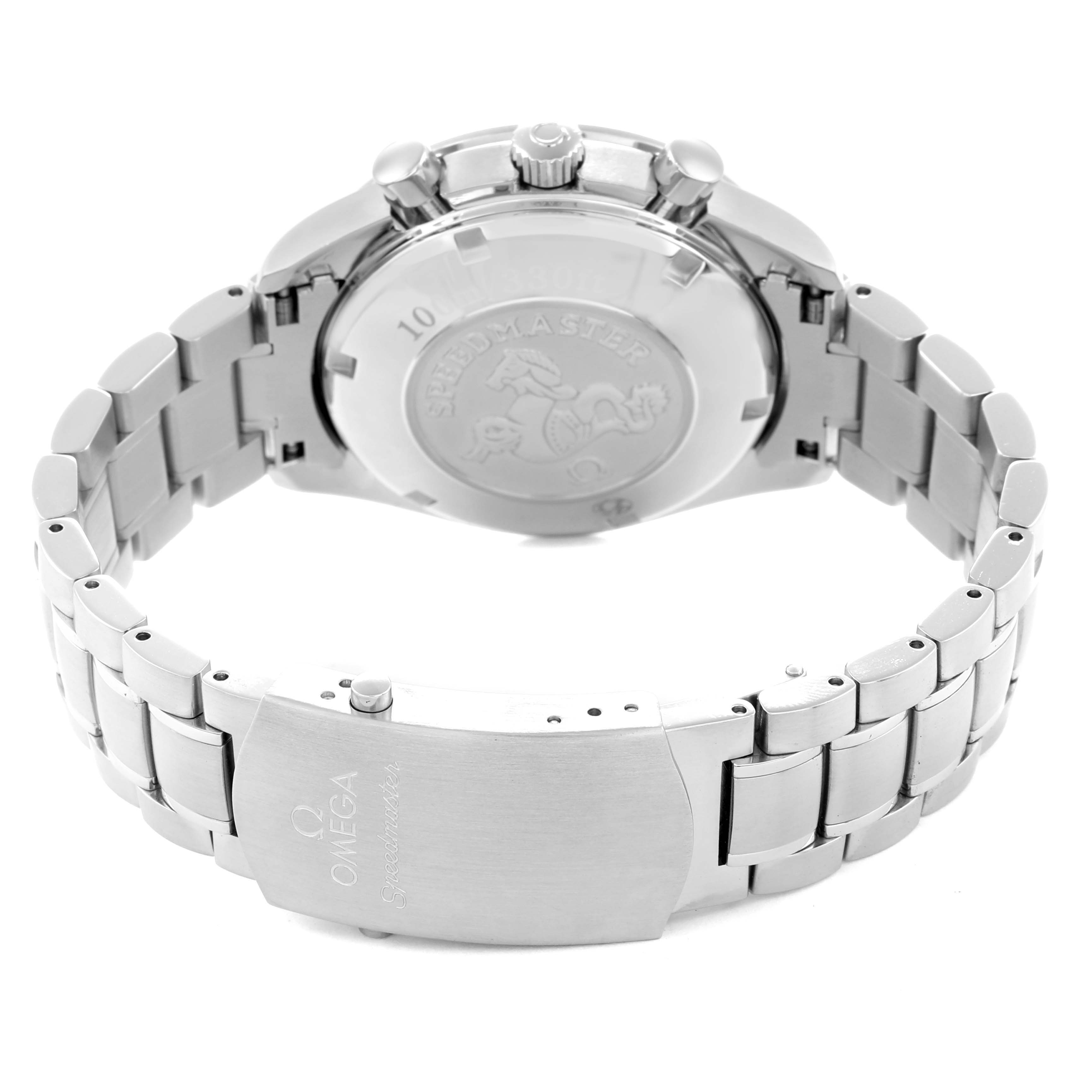 The image shows the back and clasp of an Omega Speedmaster 3210.51.00 Men
s Stainless Steel Black Dial watch, highlighting its bracelet and engraved case back.