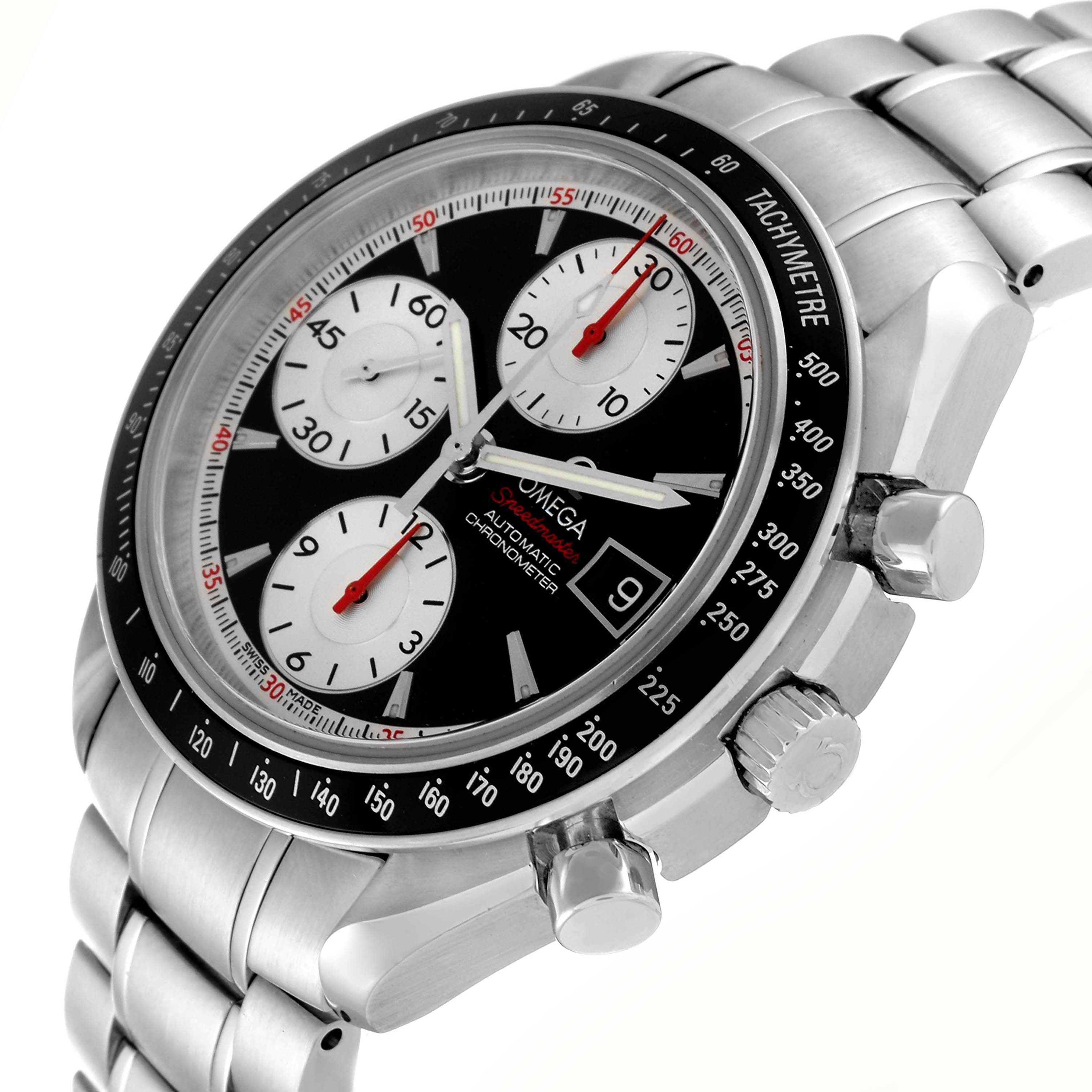 The Omega Speedmaster 3210.51.00 Men
s Stainless Steel Black Dial watch is shown at an angled close-up, featuring the dial, bezel, crown, pushers, and bracelet.