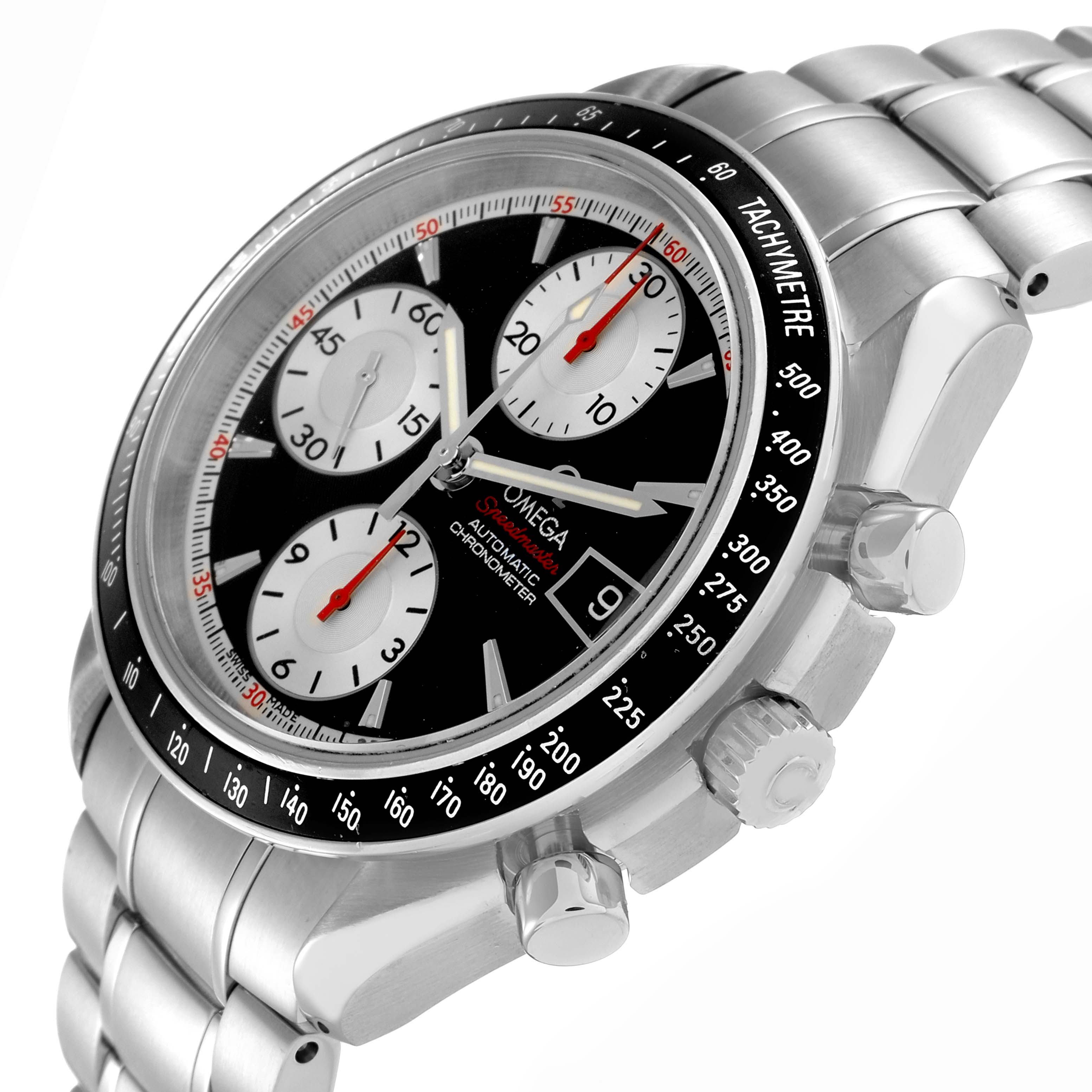 The Omega Speedmaster 3210.51.00 Men
s Stainless Steel Black Dial watch is shown at an angle displaying the dial, tachymeter bezel, and the side pushers.