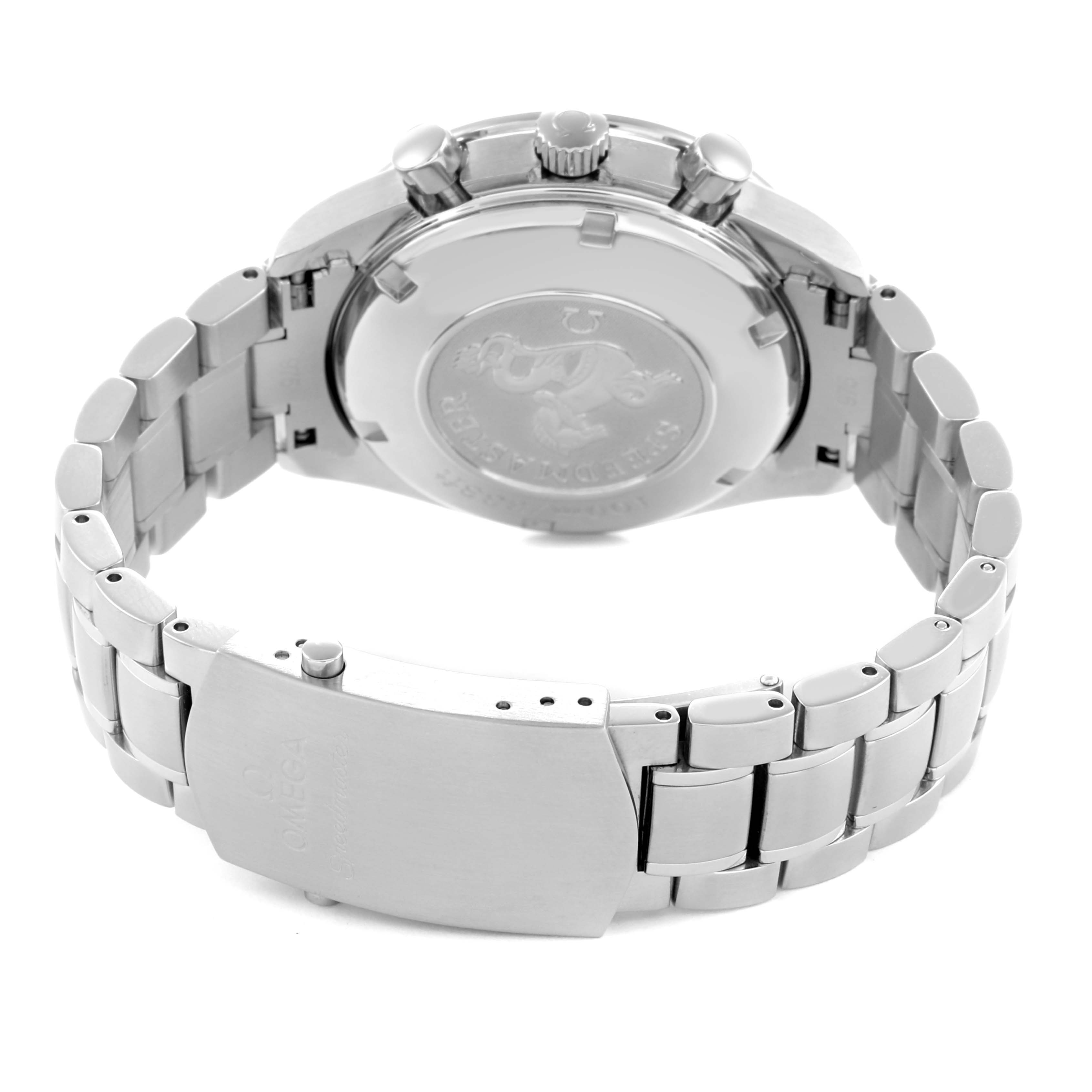 The image shows the back and clasp of an Omega Speedmaster 3210.51.00 Men
s Stainless Steel Black Dial watch with a stainless steel bracelet.