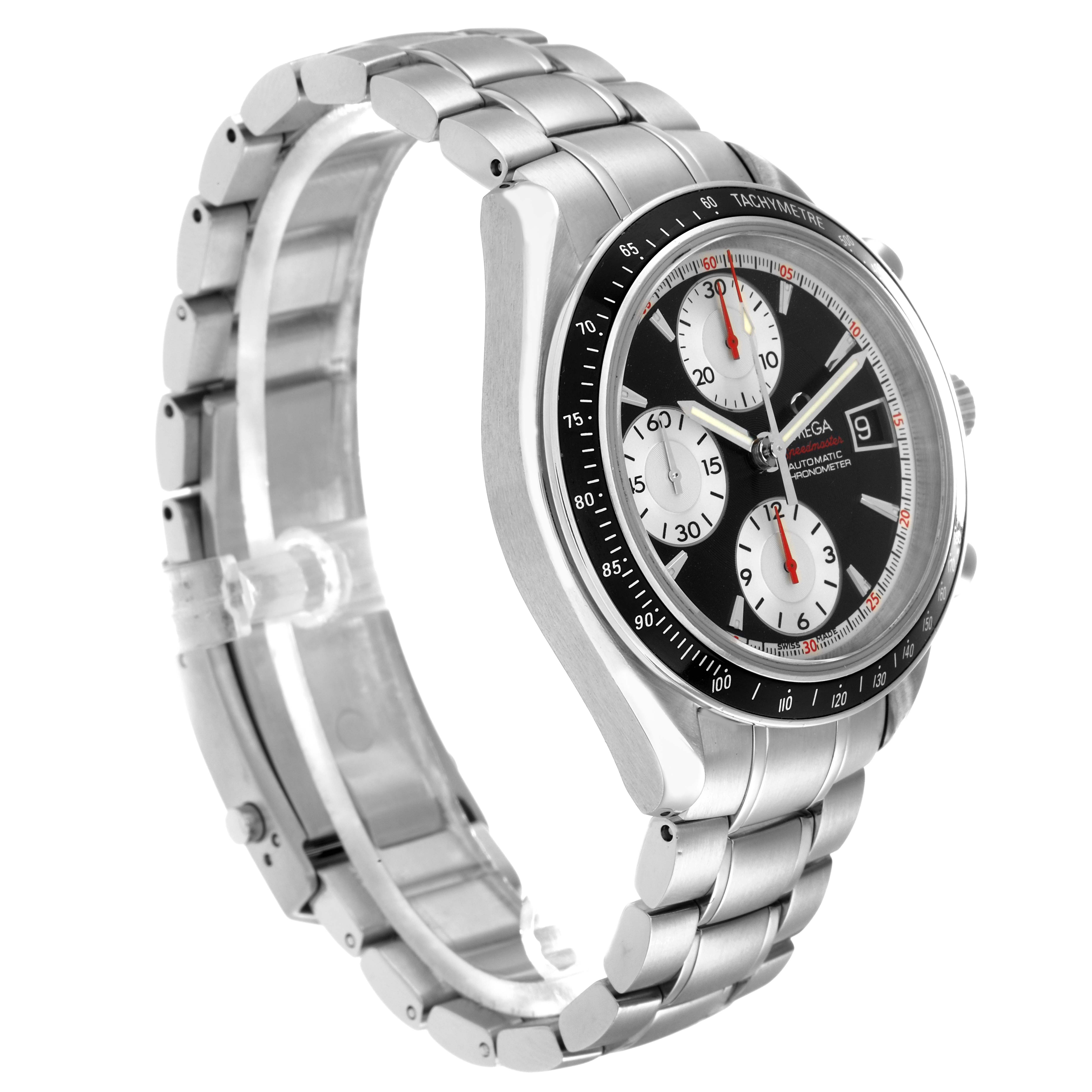 The Omega Speedmaster 3210.51.00 Men
s Stainless Steel Black Dial watch is shown at an angled side view, highlighting the case, tachymeter bezel, and bracelet.