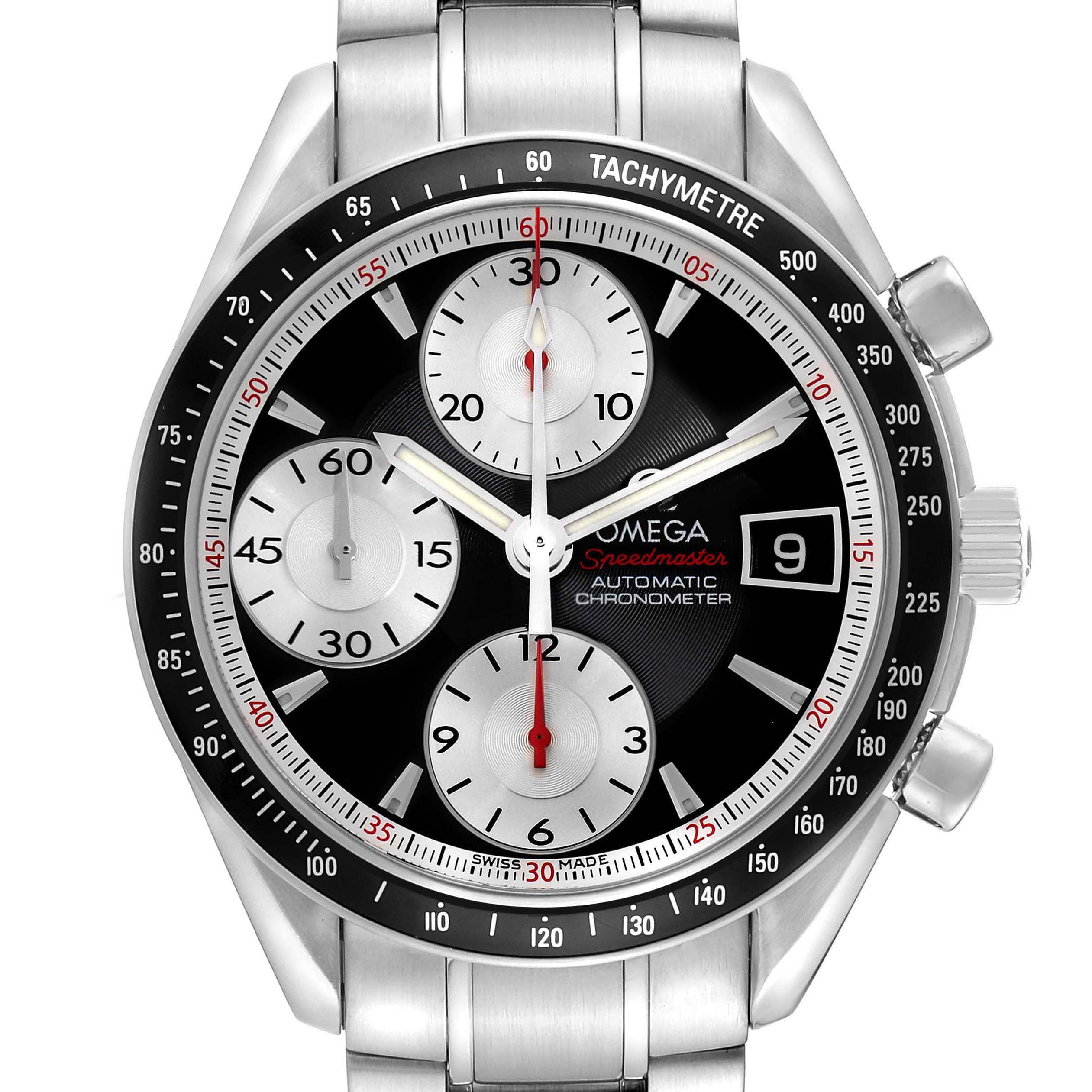The Omega Speedmaster 3210.51.00 Men
s Stainless Steel Black Dial watch is shown from a front angle, highlighting the dial, chronograph sub-dials, bezel, and bracelet.