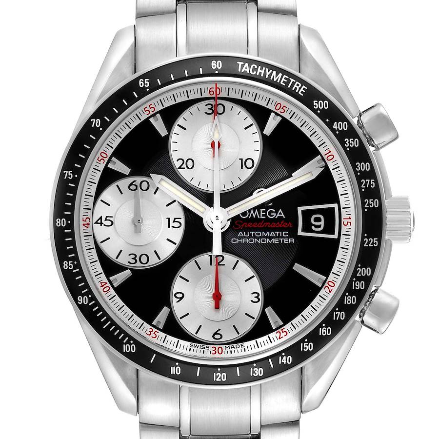 The image shows a frontal view of the Omega Speedmaster model 3210.51.00, highlighting the dial, sub-dials, tachymeter bezel, and band.