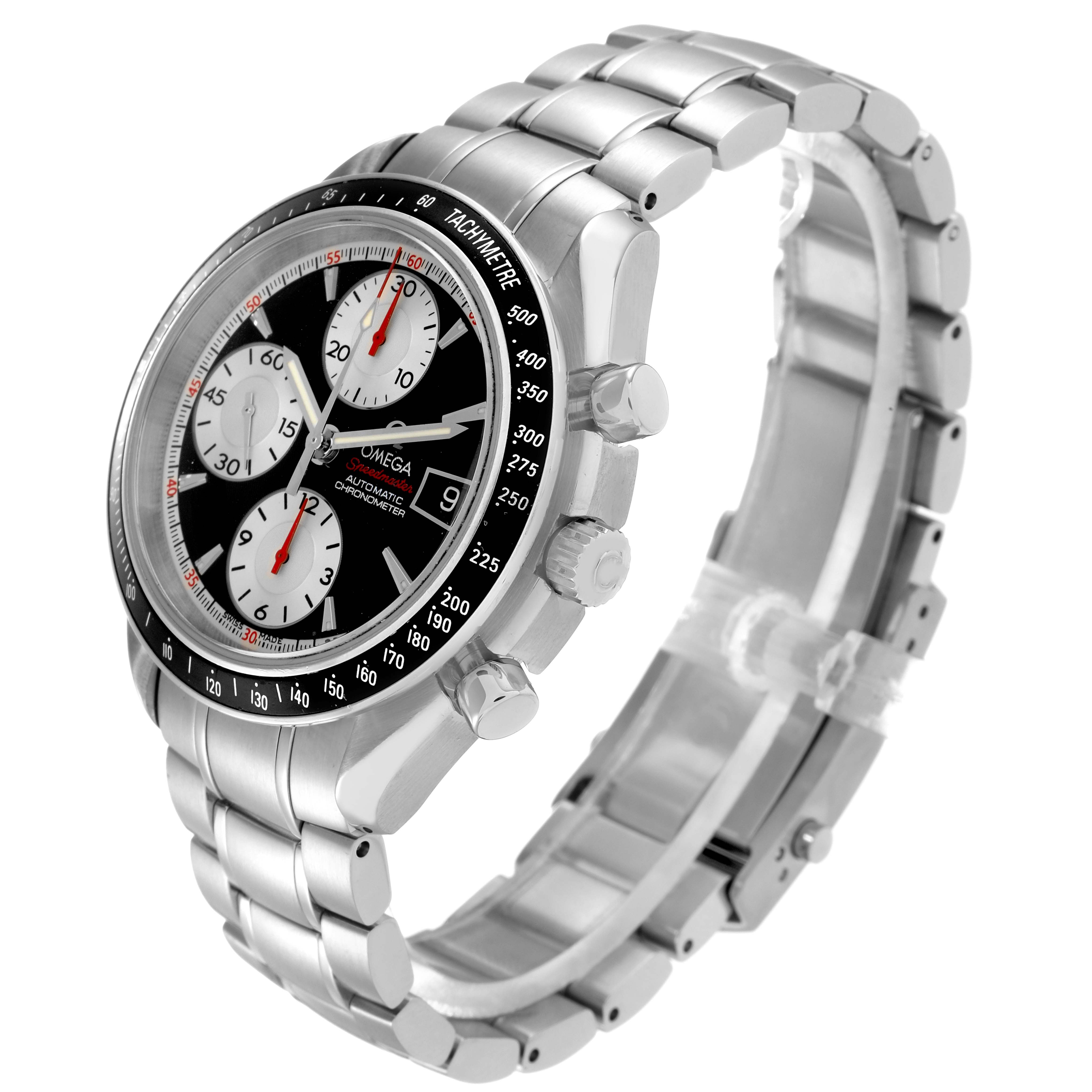 The Omega Speedmaster 3210.51.00 Men
s Stainless Steel Black Dial watch is shown at a three-quarter angle, displaying the face, bezel, crown, and part of the stainless steel bracelet.