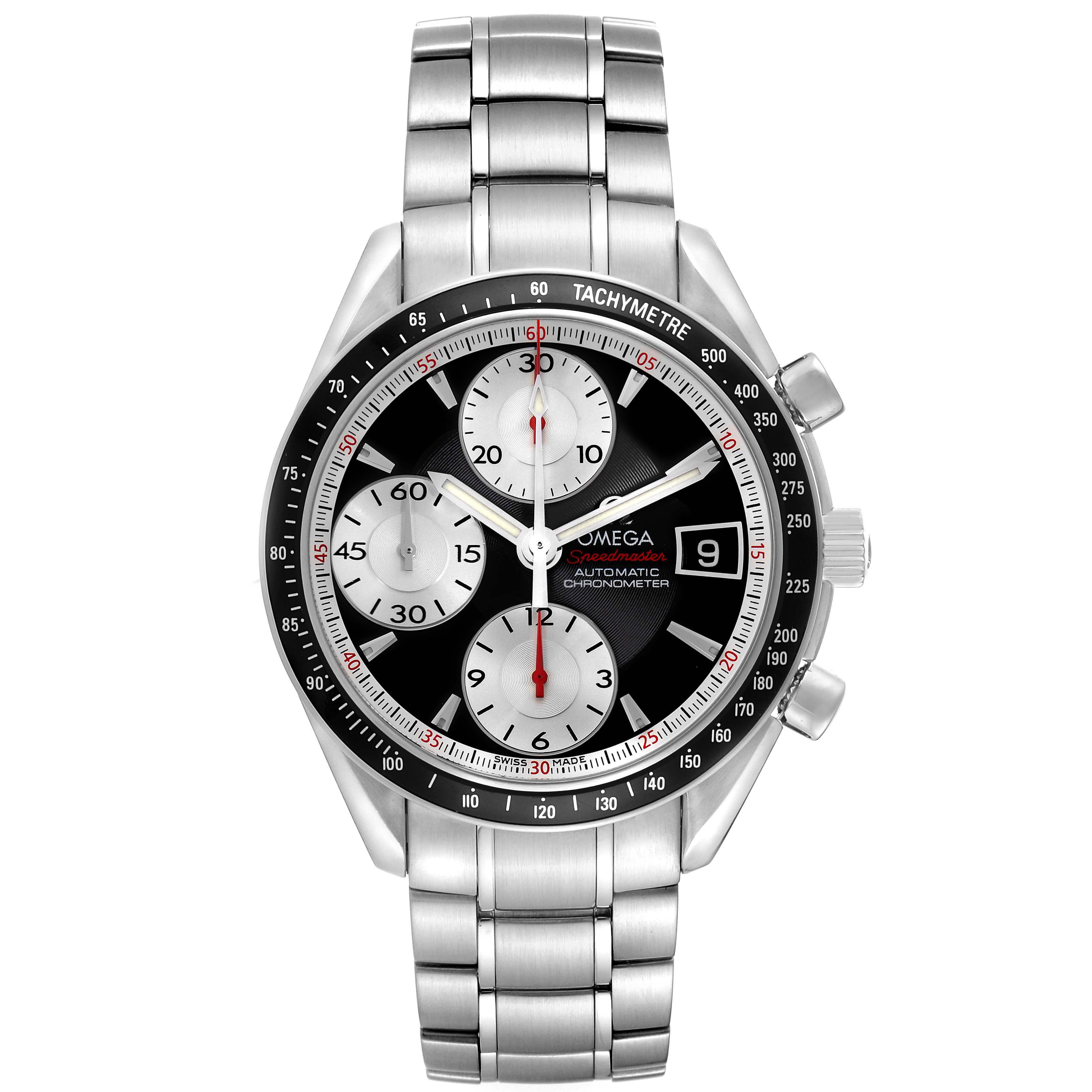 The Omega Speedmaster 3210.51.00 Men
s Stainless Steel Black Dial watch is shown from the front, displaying the dial, tachymeter bezel, pushers, and stainless steel bracelet.