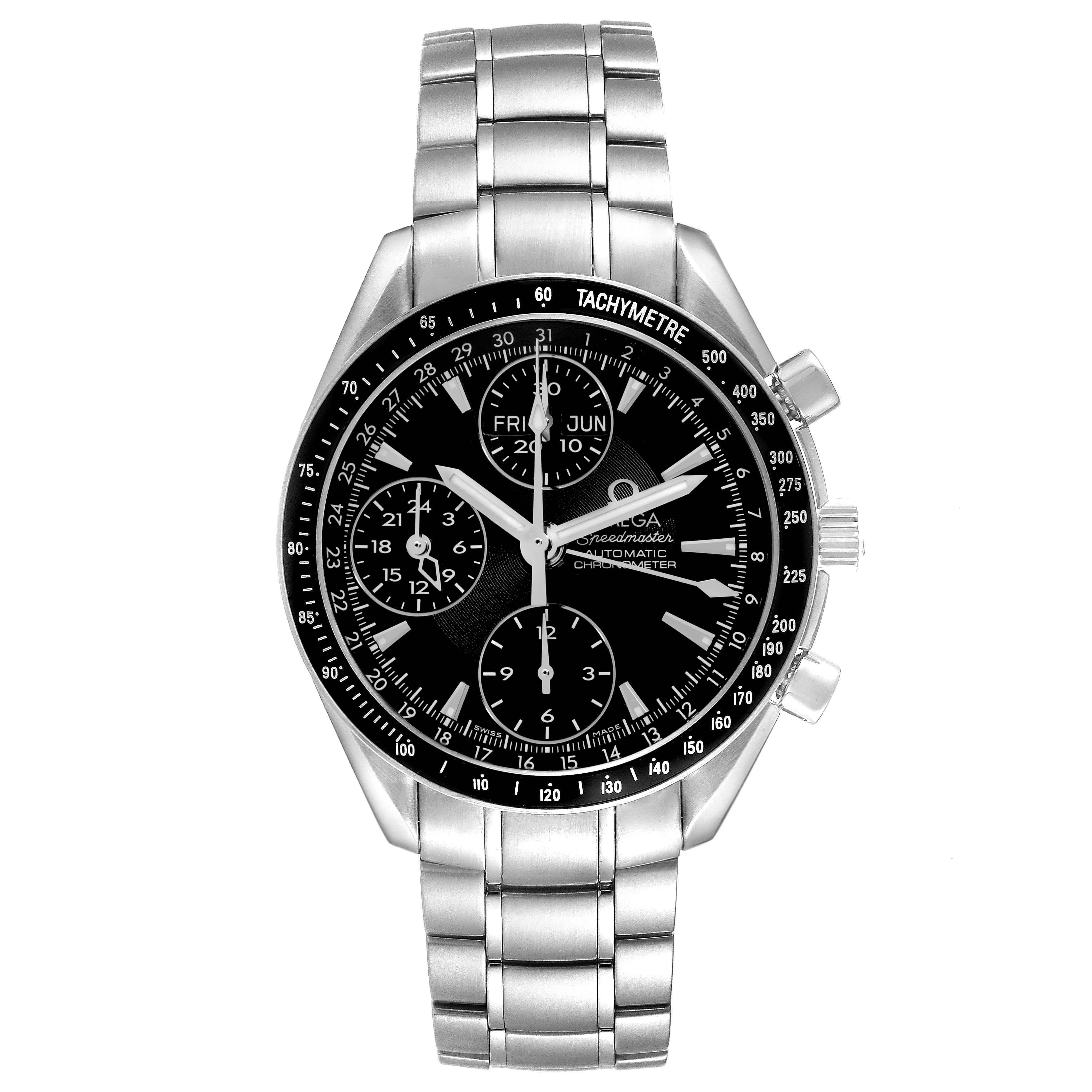 The Omega Speedmaster 3220.50.00 Men
s Stainless Steel Black Dial watch is shown from a front angle, displaying the face, bezel, subdials, and a metal bracelet.