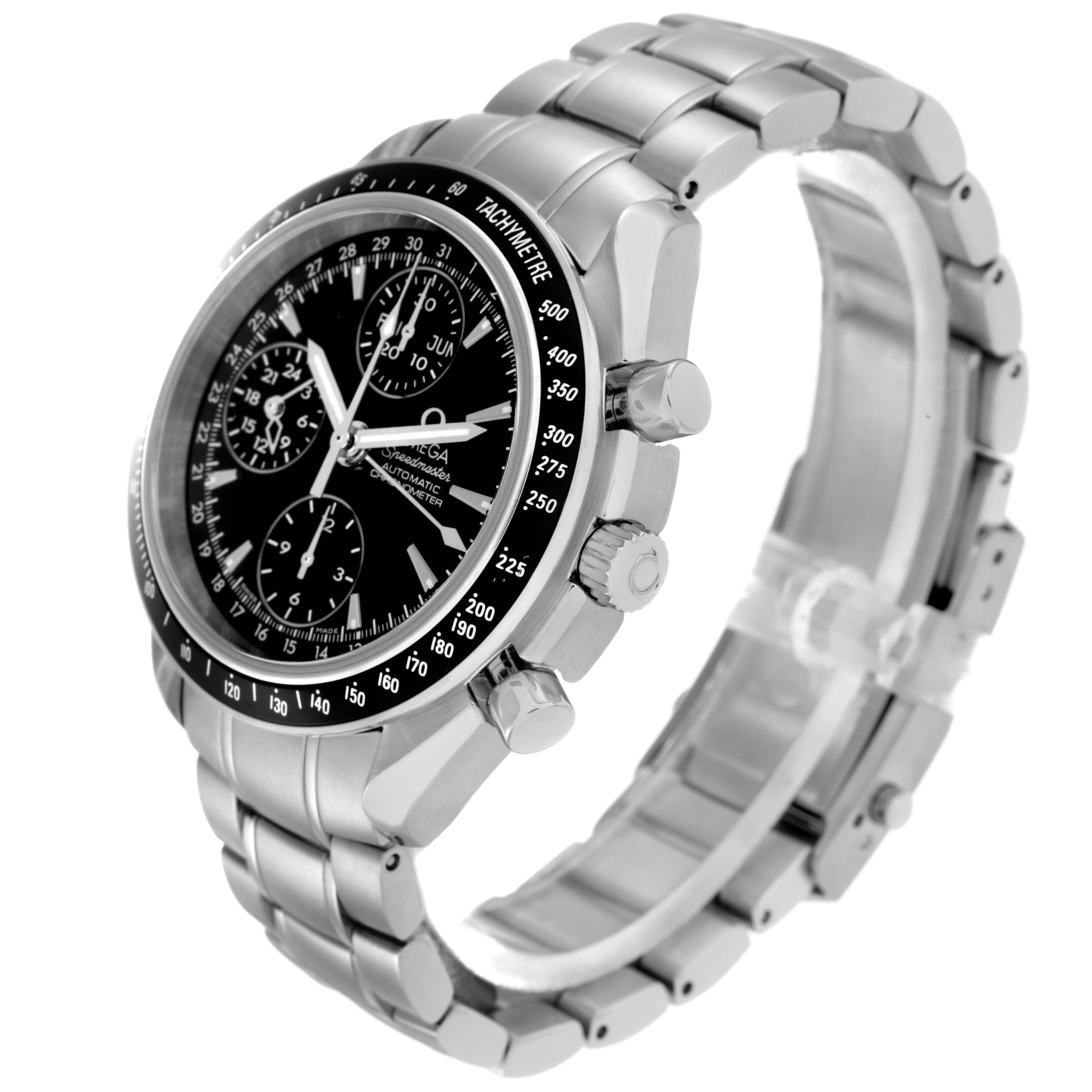 The Omega Speedmaster 3220.50.00 Men
s Stainless Steel Black Dial watch is shown at a three-quarter angle, highlighting the face, bezel, pushers, and bracelet.