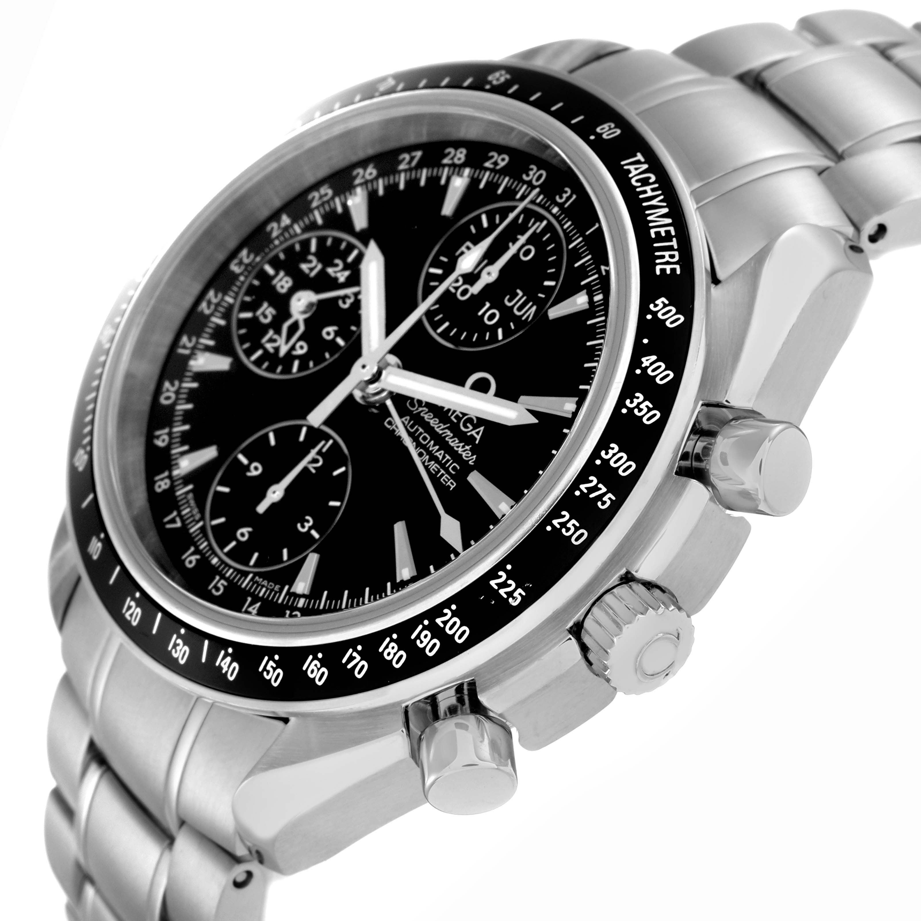 The Omega Speedmaster 3220.50.00 Men
s Stainless Steel Black Dial is shown at an angled side view, highlighting the tachymeter bezel, crown, pushers, and stainless steel bracelet.