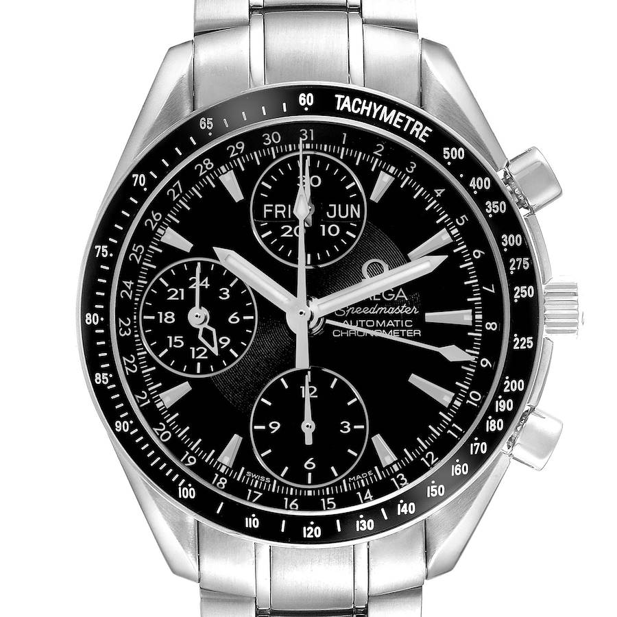 The Omega Speedmaster model 3220.50.00 is shown from a front angle, highlighting its black dial, tachymeter bezel, chronograph subdials, and metal bracelet.