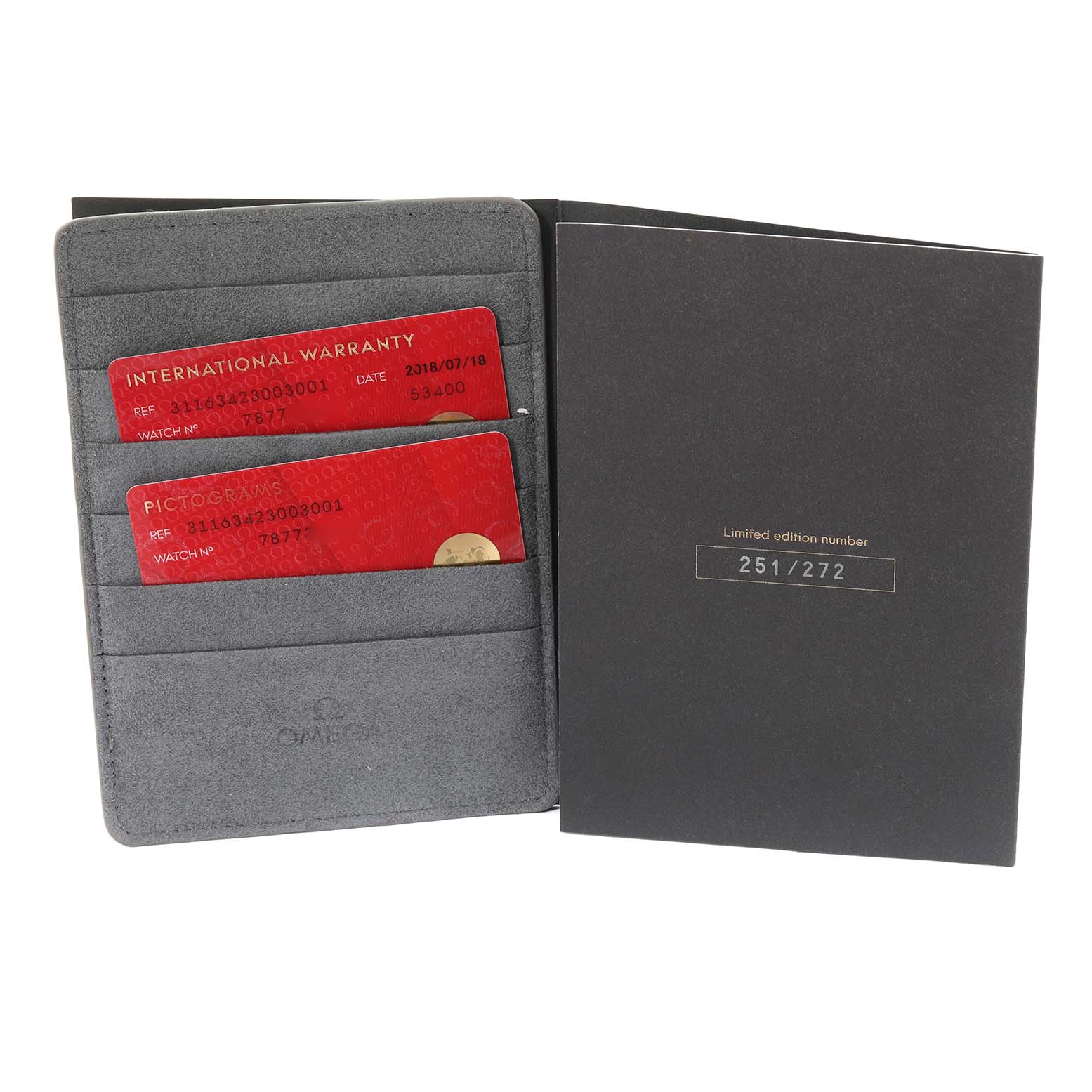 The image shows an Omega Speedmaster 311.63.42.30.03.001 Men's Yellow Gold Blue Dial 311.63.42.30.03.001 Men's Yellow Gold Blue Dial's warranty card holder and limited edition certificate booklet, viewed from the front.