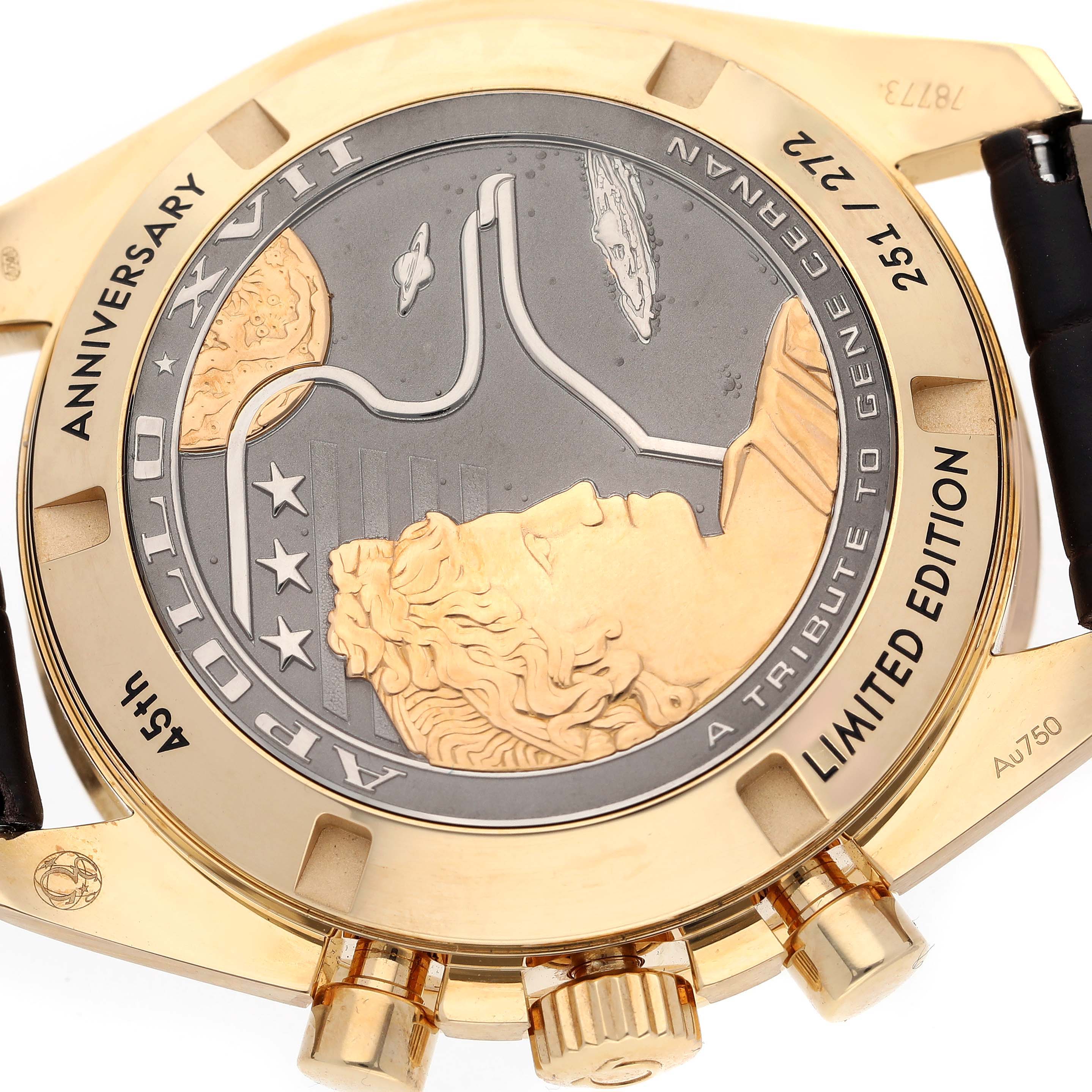 The image shows the case back of an Omega Speedmaster 311.63.42.30.03.001 Men's Yellow Gold Blue Dial 311.63.42.30.03.001 Men's Yellow Gold Blue Dial watch, showcasing an engraved Apollo XVII design and limited edition details.