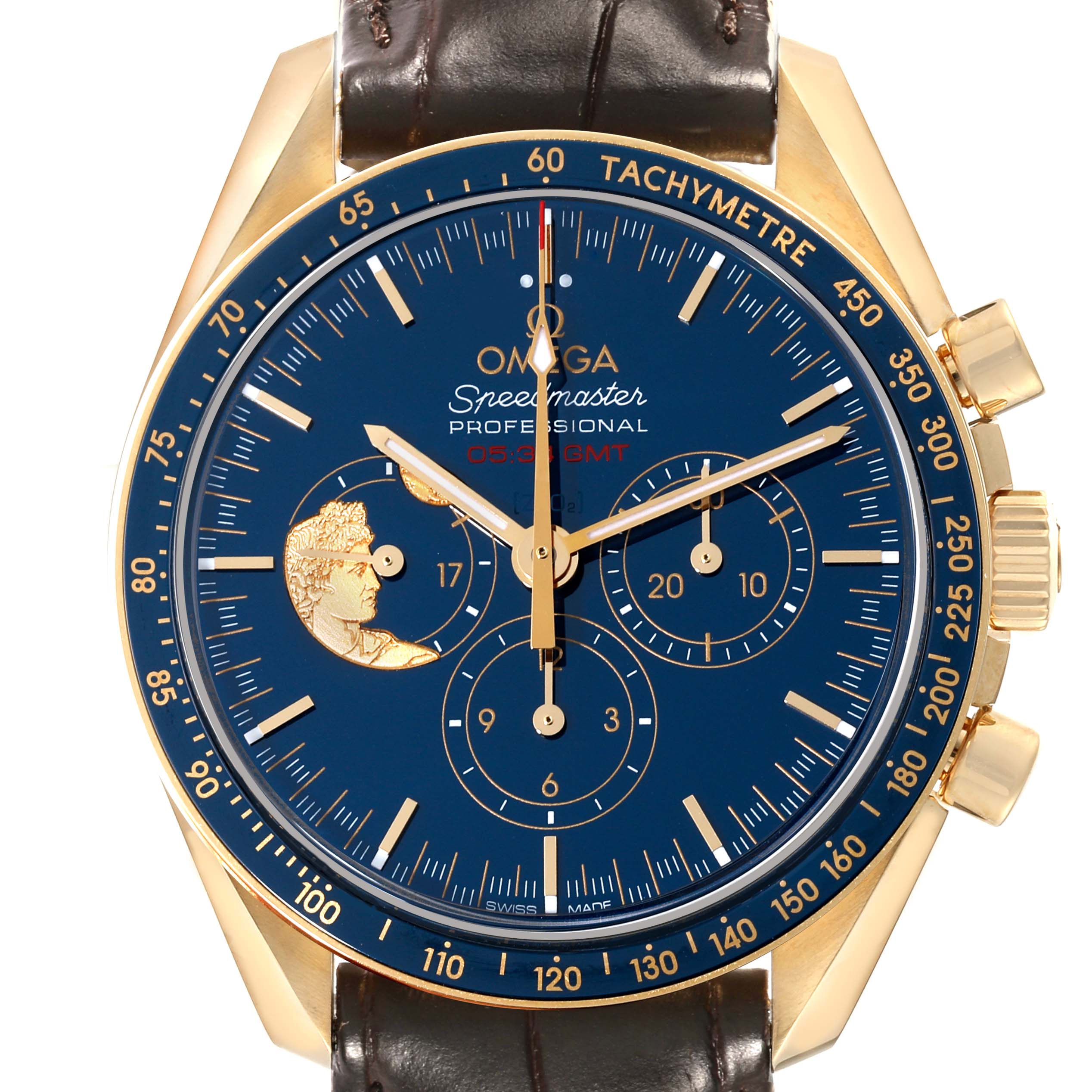 This image shows a front view of an Omega Speedmaster 311.63.42.30.03.001 Men's Yellow Gold Blue Dial 311.63.42.30.03.001 Men's Yellow Gold Blue Dial watch, highlighting the dial, bezel, hands, and sub-dials.