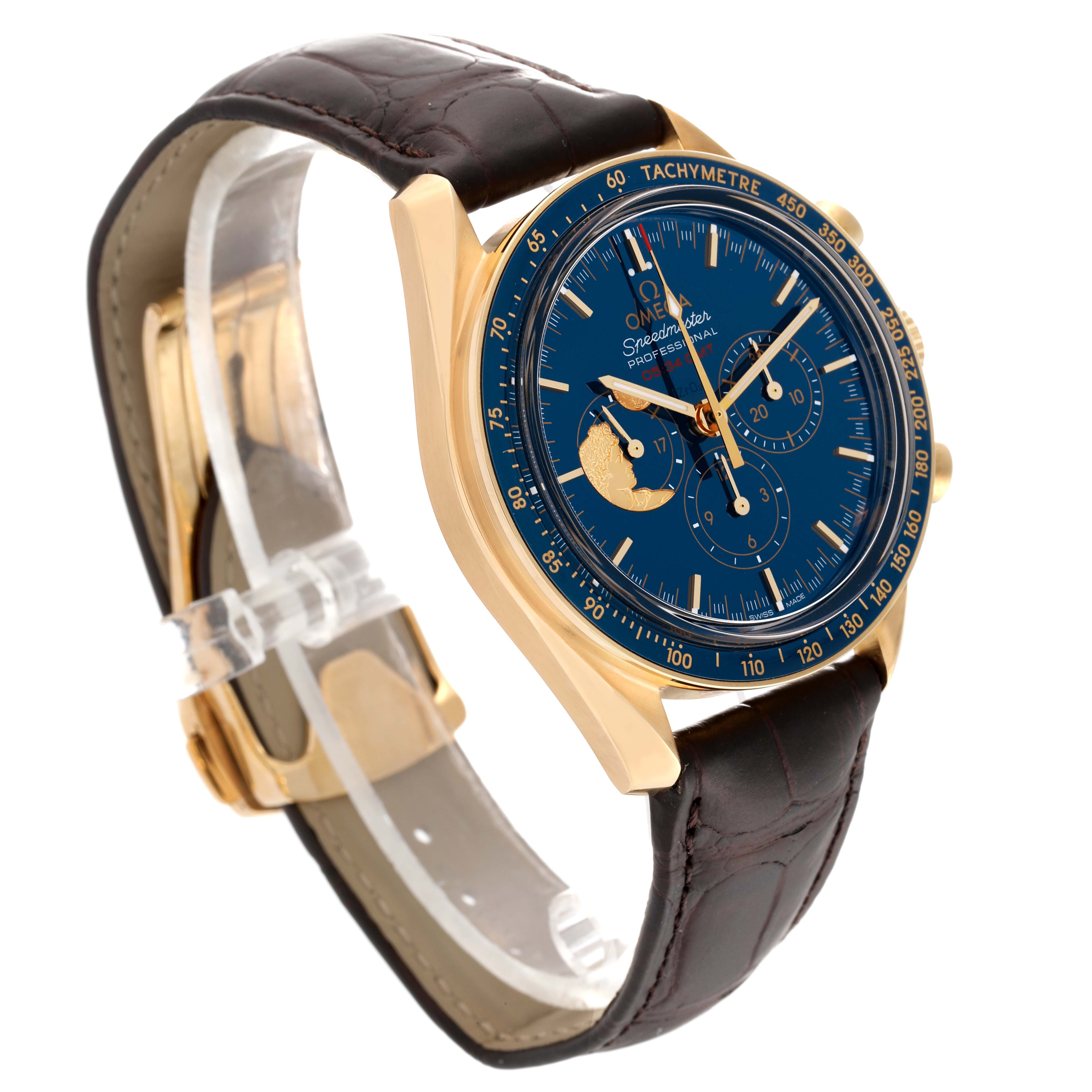 This image shows a side-angle view of the Omega Speedmaster 311.63.42.30.03.001 Men's Yellow Gold Blue Dial 311.63.42.30.03.001 Men's Yellow Gold Blue Dial watch featuring its face, bezel, crown, and leather strap.