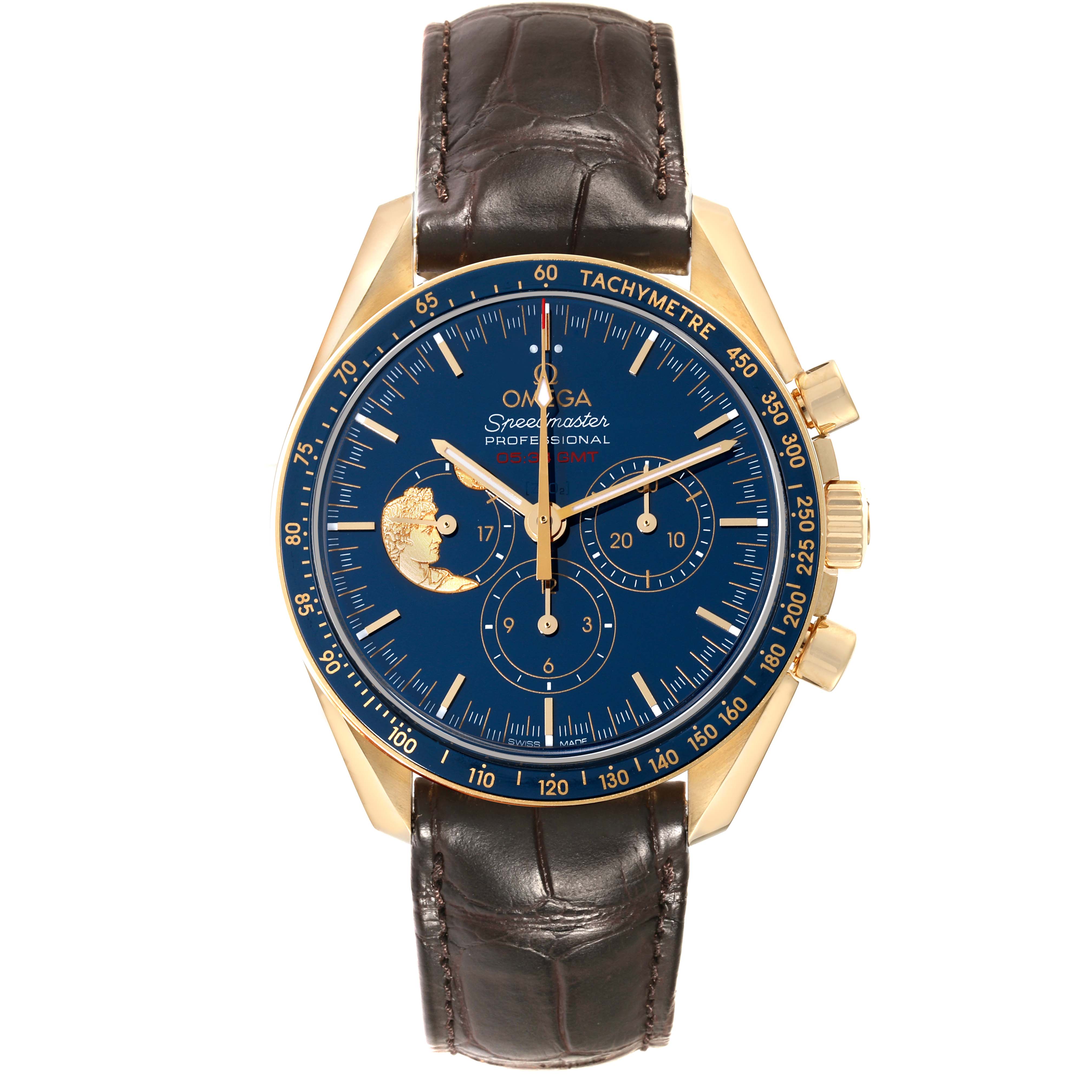 This Omega Speedmaster 311.63.42.30.03.001 Men's Yellow Gold Blue Dial 311.63.42.30.03.001 Men's Yellow Gold Blue Dial watch is shown from a front angle, displaying the face, bezel, crown, pushers, and leather strap.