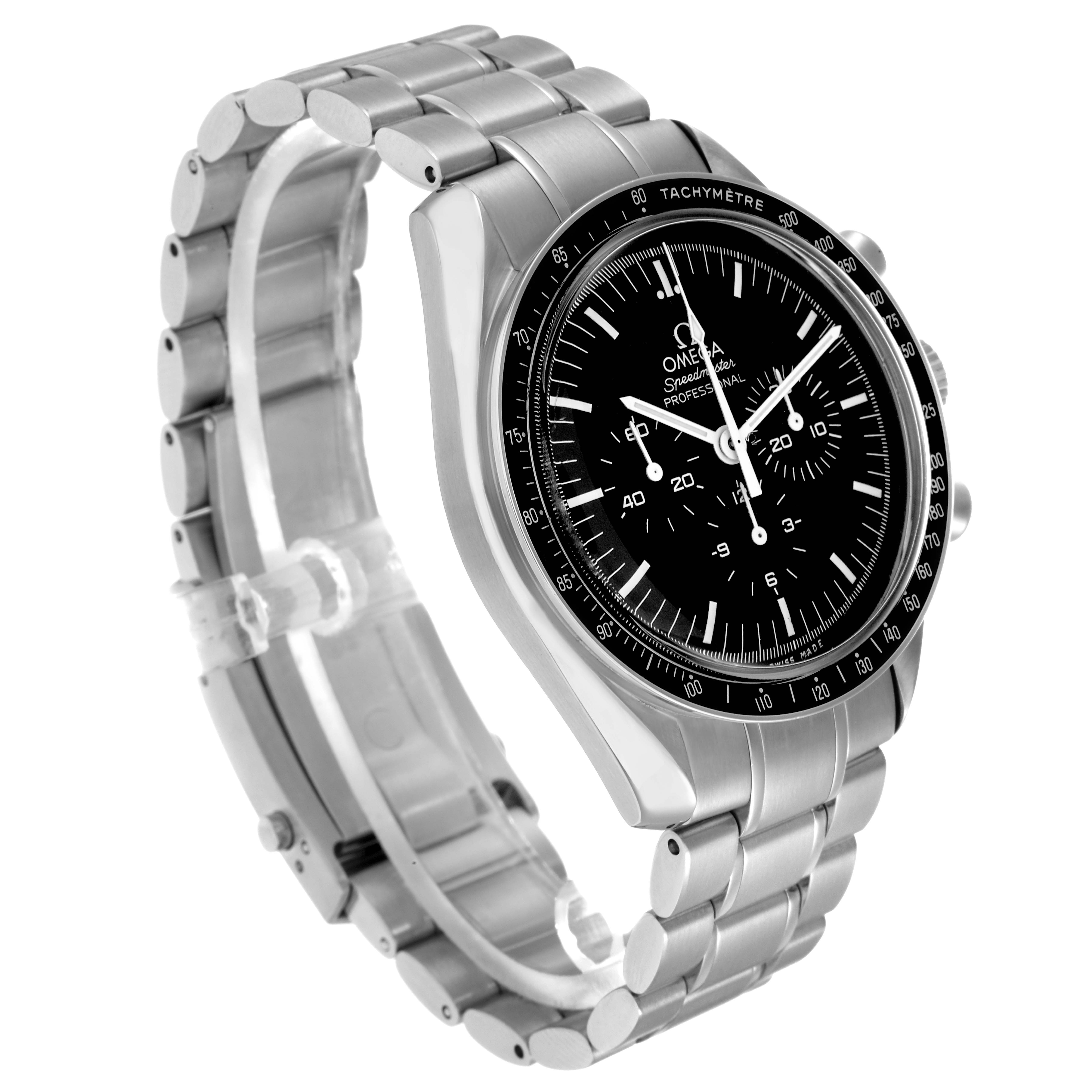 The Omega Speedmaster 3570.50.00 Men
s Stainless Steel Black Dial watch is shown at a three-quarter angle, displaying the face, bezel, and stainless steel bracelet.