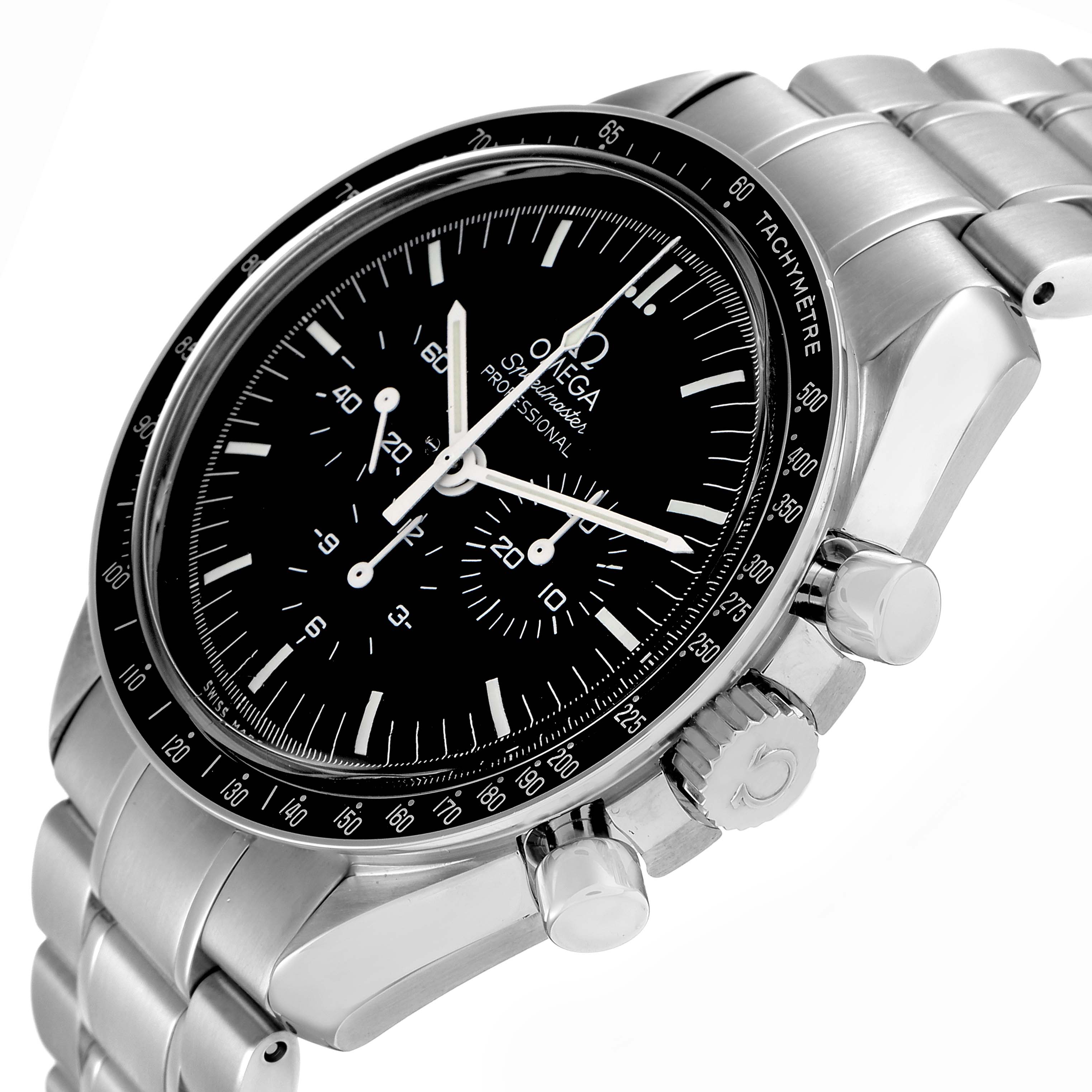 The Omega Speedmaster 3570.50.00 Men
s Stainless Steel Black Dial watch is shown at a slight angle, displaying the face, bezel, crown, pushers, and bracelet.