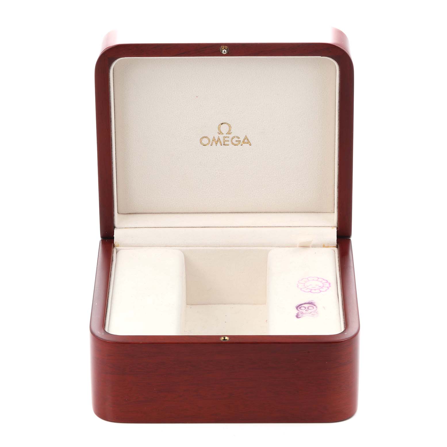 The image shows an open Omega Speedmaster 3570.50.00 Men
s Stainless Steel Black Dial watch box, featuring its interior compartments and Omega logo.