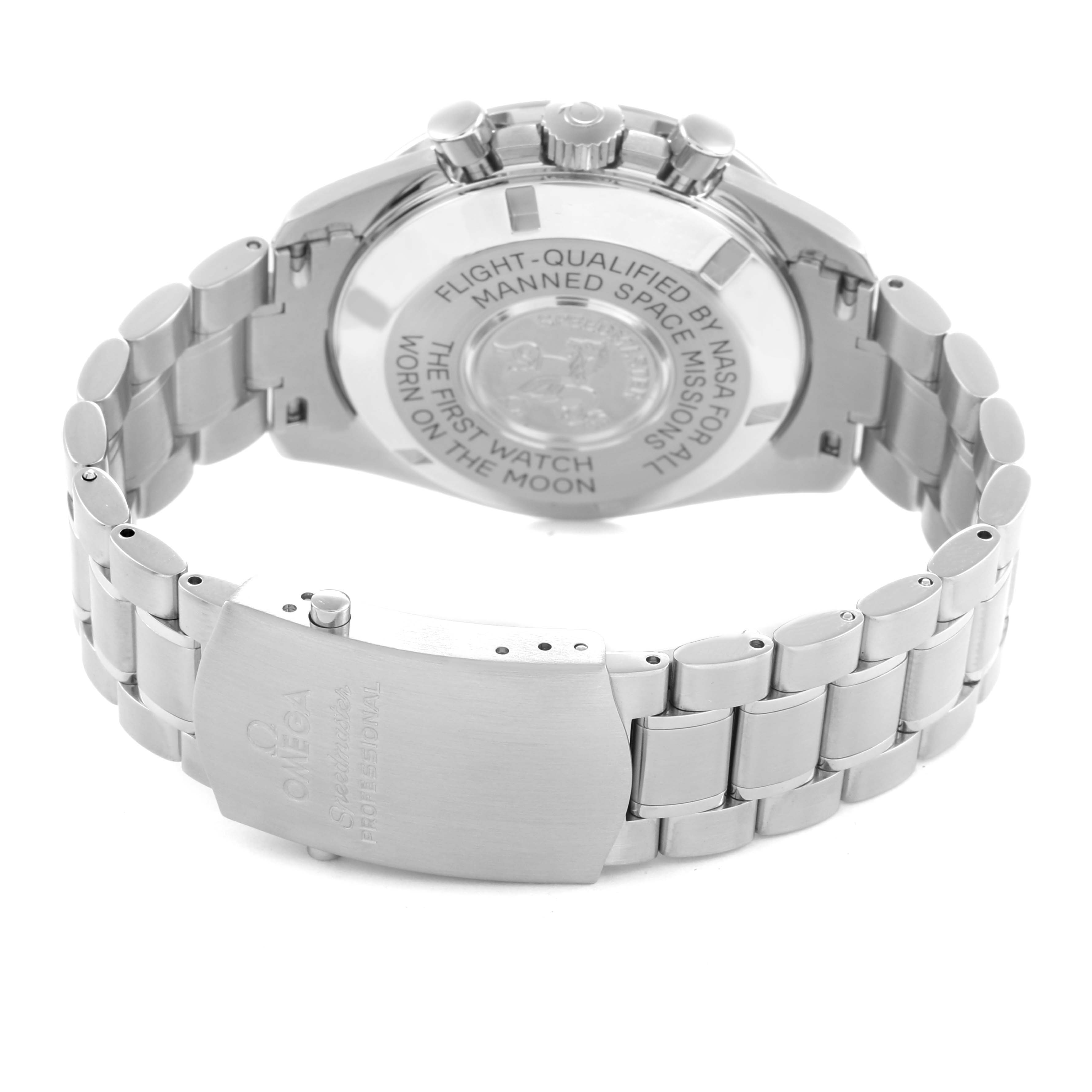 The Omega Speedmaster 3570.50.00 Men
s Stainless Steel Black Dial watch is shown from the back, displaying the case back and metal bracelet with the clasp.