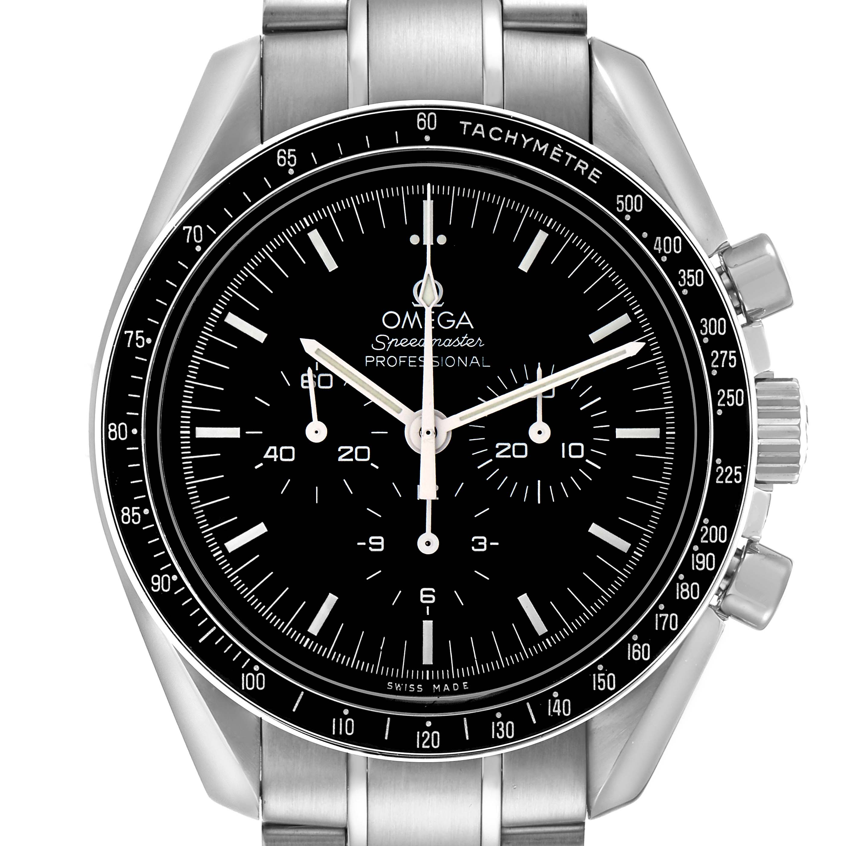 The Omega Speedmaster 3570.50.00 Men
s Stainless Steel Black Dial watch is shown from a frontal angle, displaying the dial, bezel, and part of the bracelet.