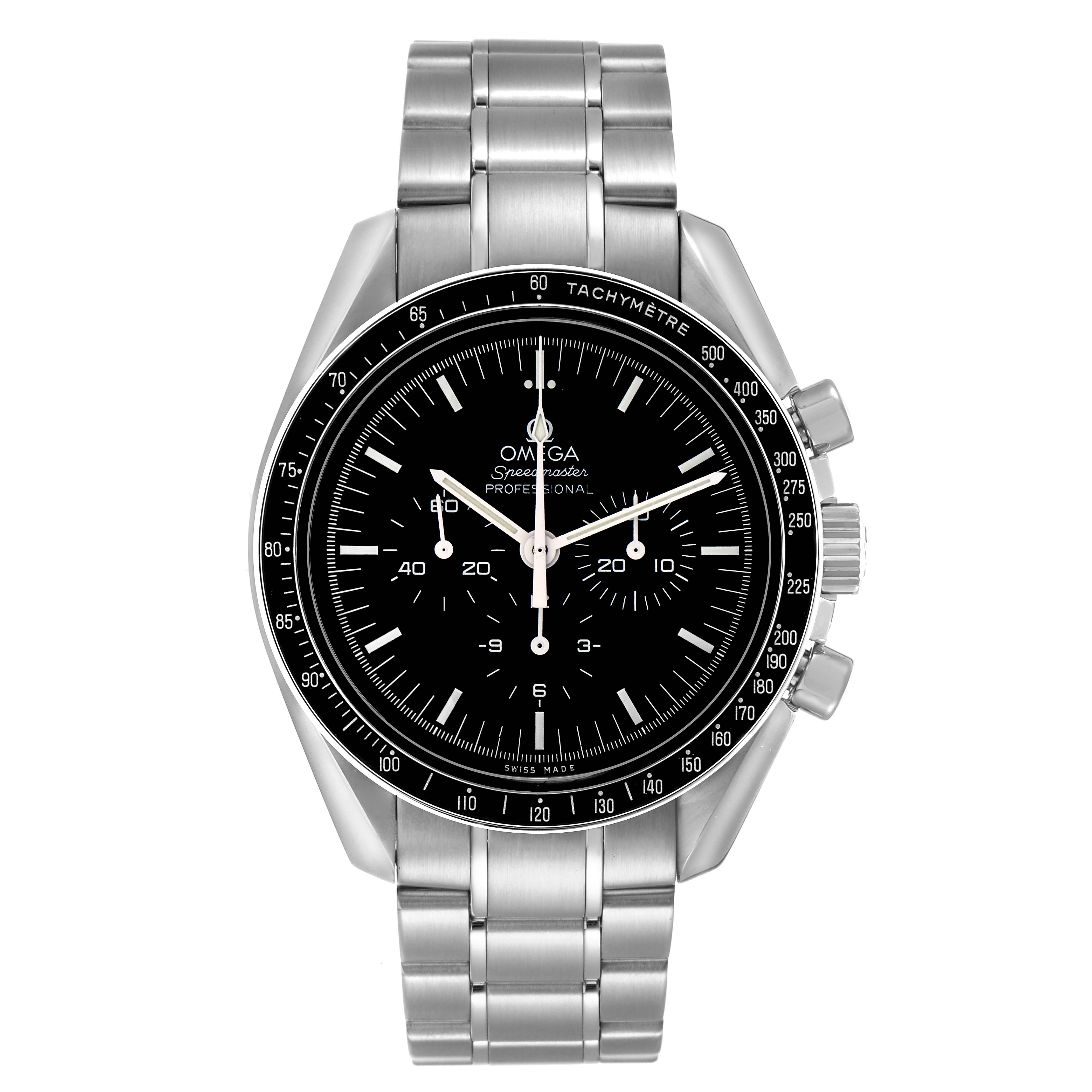 The Omega Speedmaster 3570.50.00 Men
s Stainless Steel Black Dial watch is shown from a front angle, displaying its stainless steel bracelet, bezel, and chronograph dials.